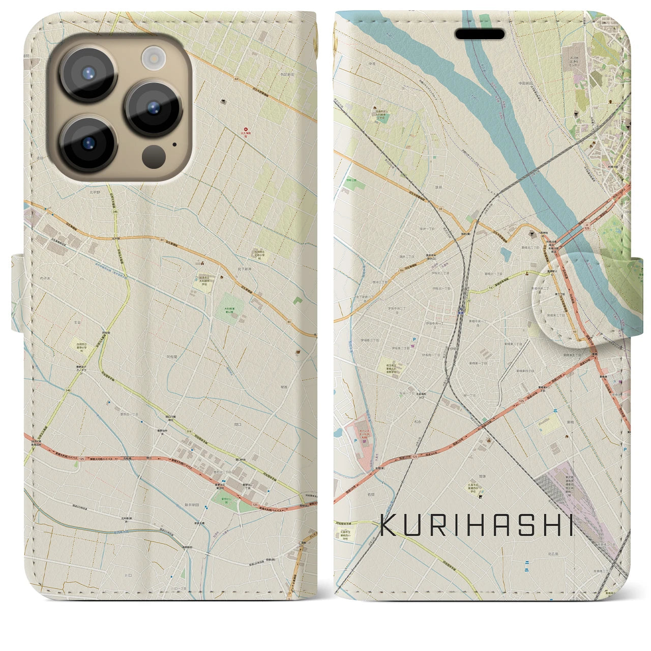 【栗橋(埼玉県)】地図柄iPhoneケース(手帳タイプ)ナチュラル・iPhone 14 Pro Max 用