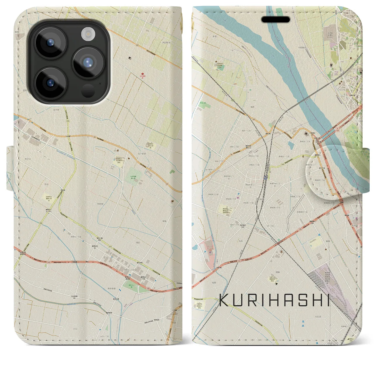 【栗橋(埼玉県)】地図柄iPhoneケース(手帳タイプ)ナチュラル・iPhone 15 Pro Max 用
