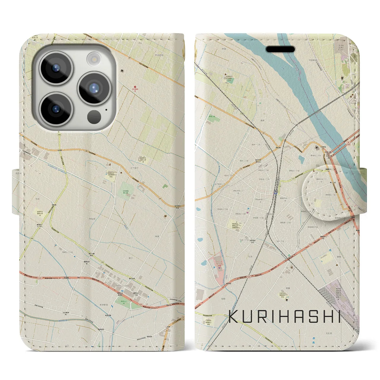 【栗橋(埼玉県)】地図柄iPhoneケース(手帳タイプ)ナチュラル・iPhone 15 Pro 用