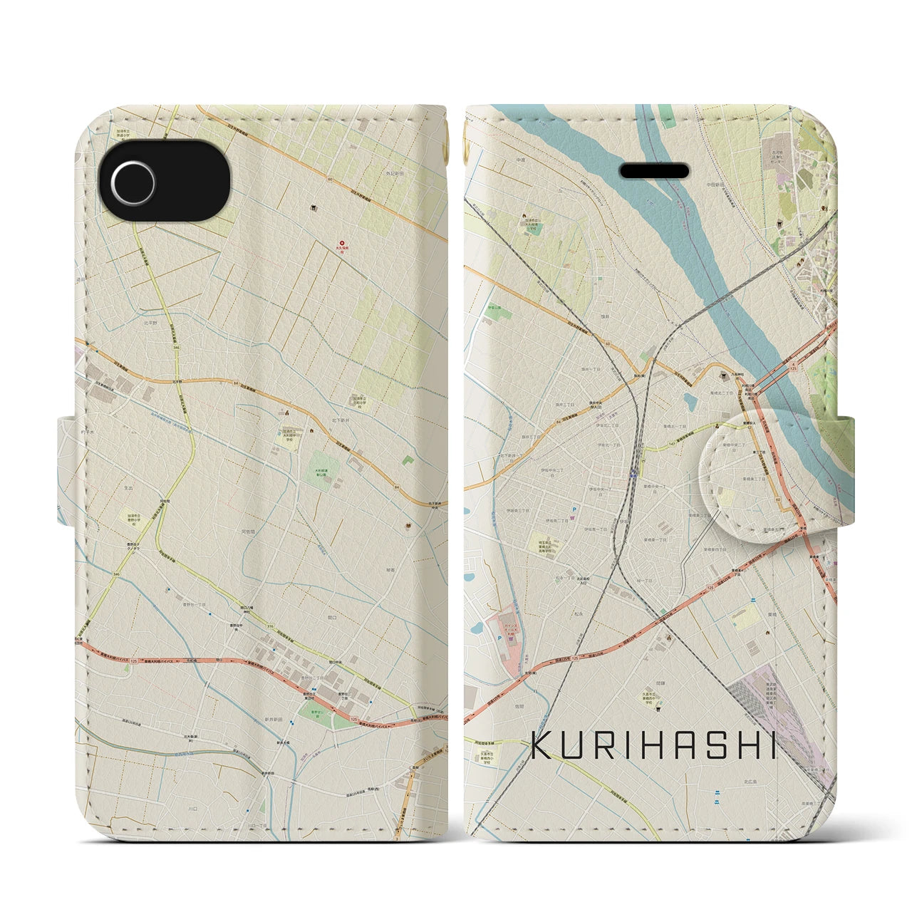 【栗橋(埼玉県)】地図柄iPhoneケース(手帳タイプ)ナチュラル・iPhone SE(第3 / 第2世代) / 8 / 7 / 6s / 6 用