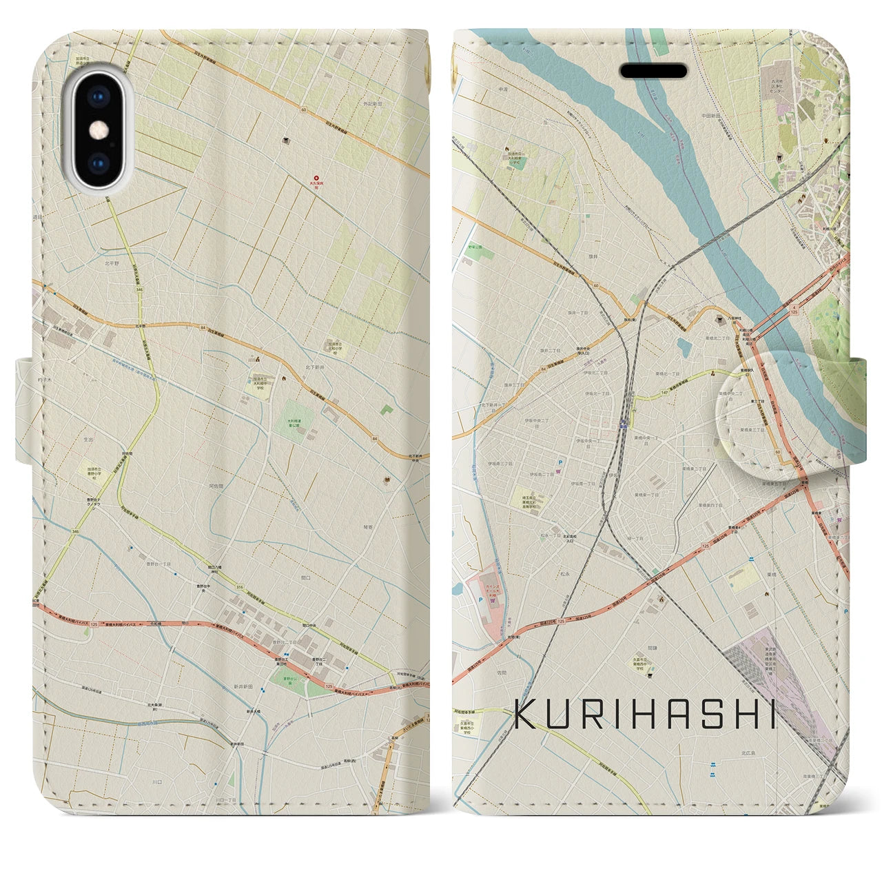 【栗橋(埼玉県)】地図柄iPhoneケース(手帳タイプ)ナチュラル・iPhone XS Max 用