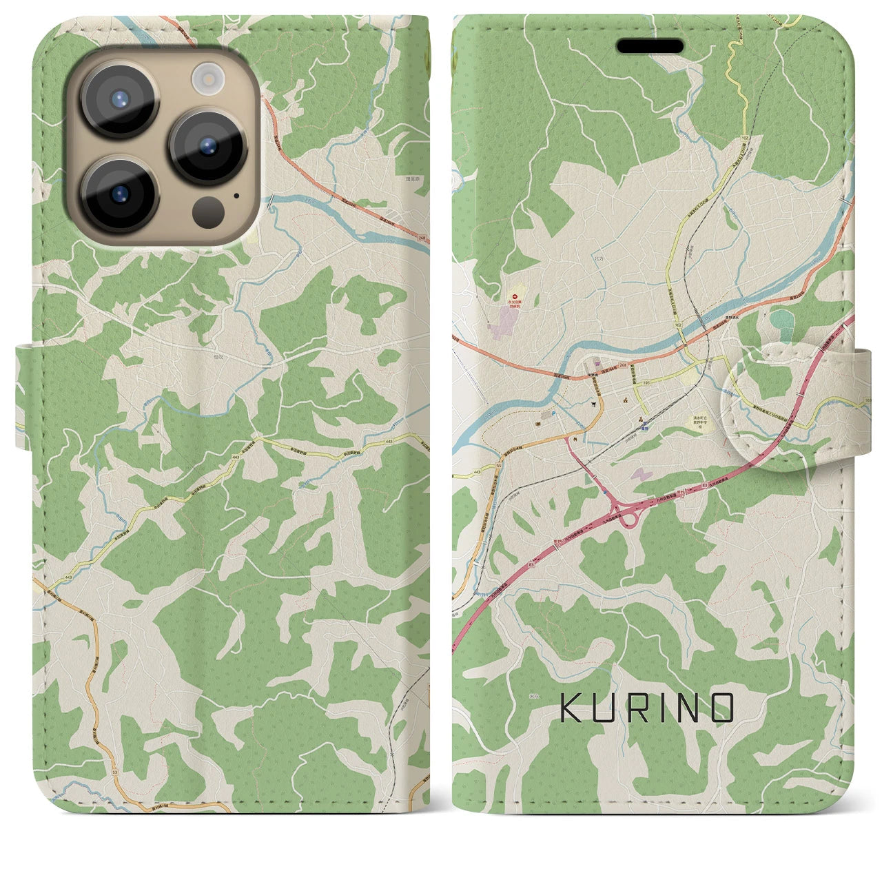 【栗野(鹿児島県)】地図柄iPhoneケース(手帳タイプ)ナチュラル・iPhone 14 Pro Max 用