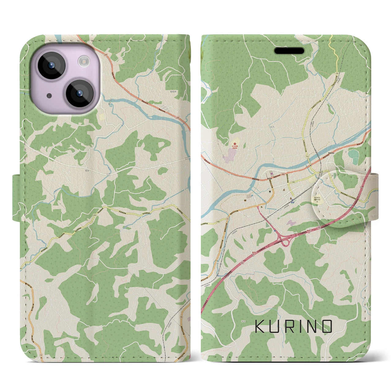 【栗野(鹿児島県)】地図柄iPhoneケース(手帳タイプ)ナチュラル・iPhone 14 Plus 用