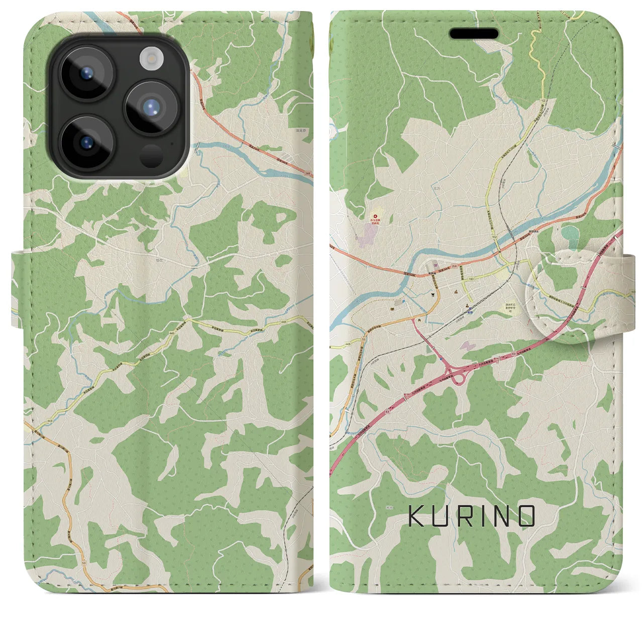 【栗野(鹿児島県)】地図柄iPhoneケース(手帳タイプ)ナチュラル・iPhone 15 Pro Max 用
