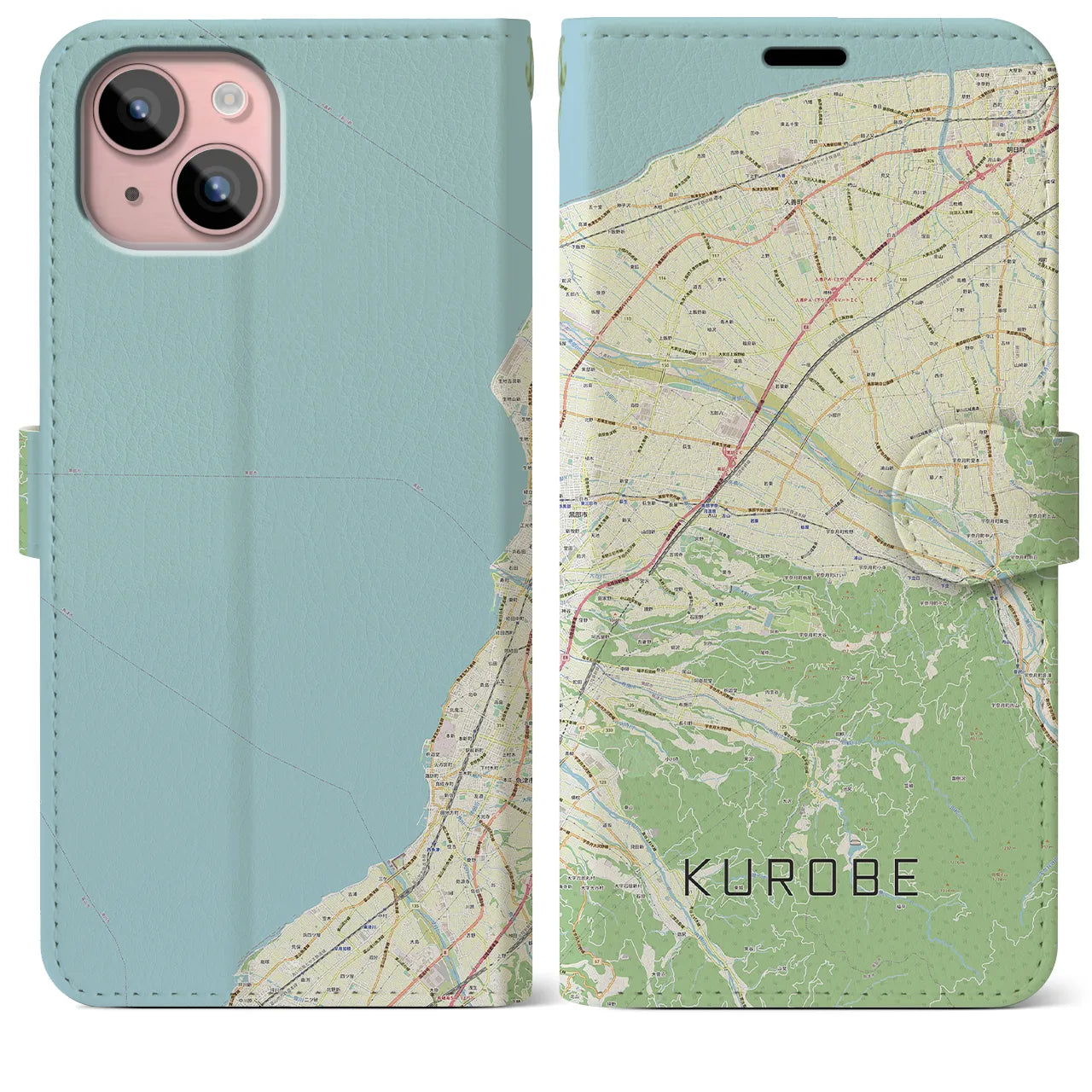 【黒部(富山県)】地図柄iPhoneケース(手帳タイプ)ナチュラル・iPhone 15 Plus 用