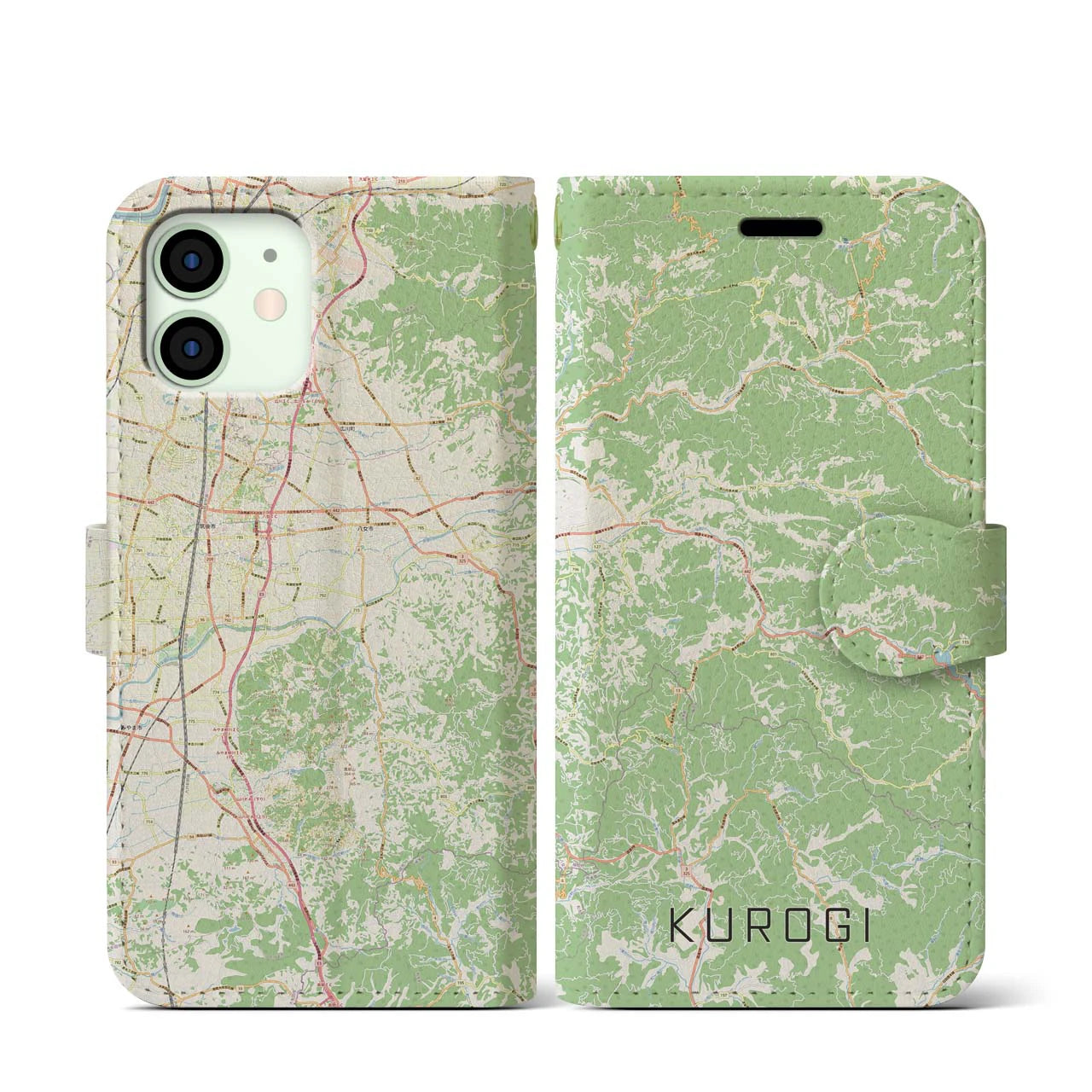 【黒木(福岡県)】地図柄iPhoneケース(手帳タイプ)ナチュラル・iPhone 12 mini 用