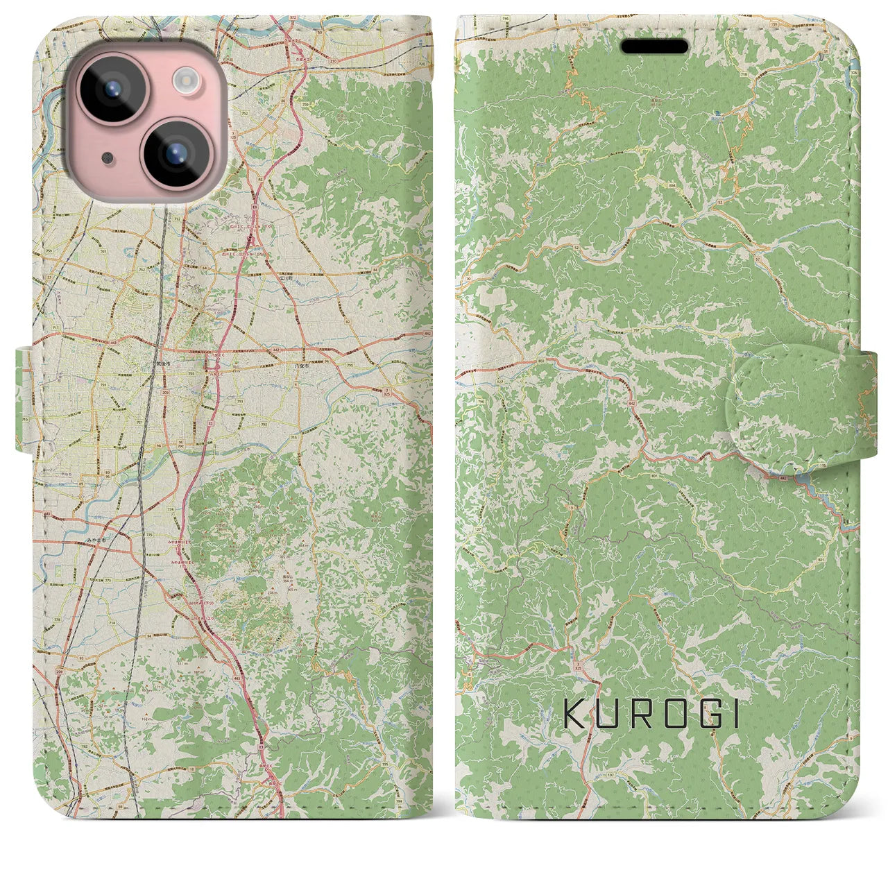 【黒木(福岡県)】地図柄iPhoneケース(手帳タイプ)ナチュラル・iPhone 15 Plus 用