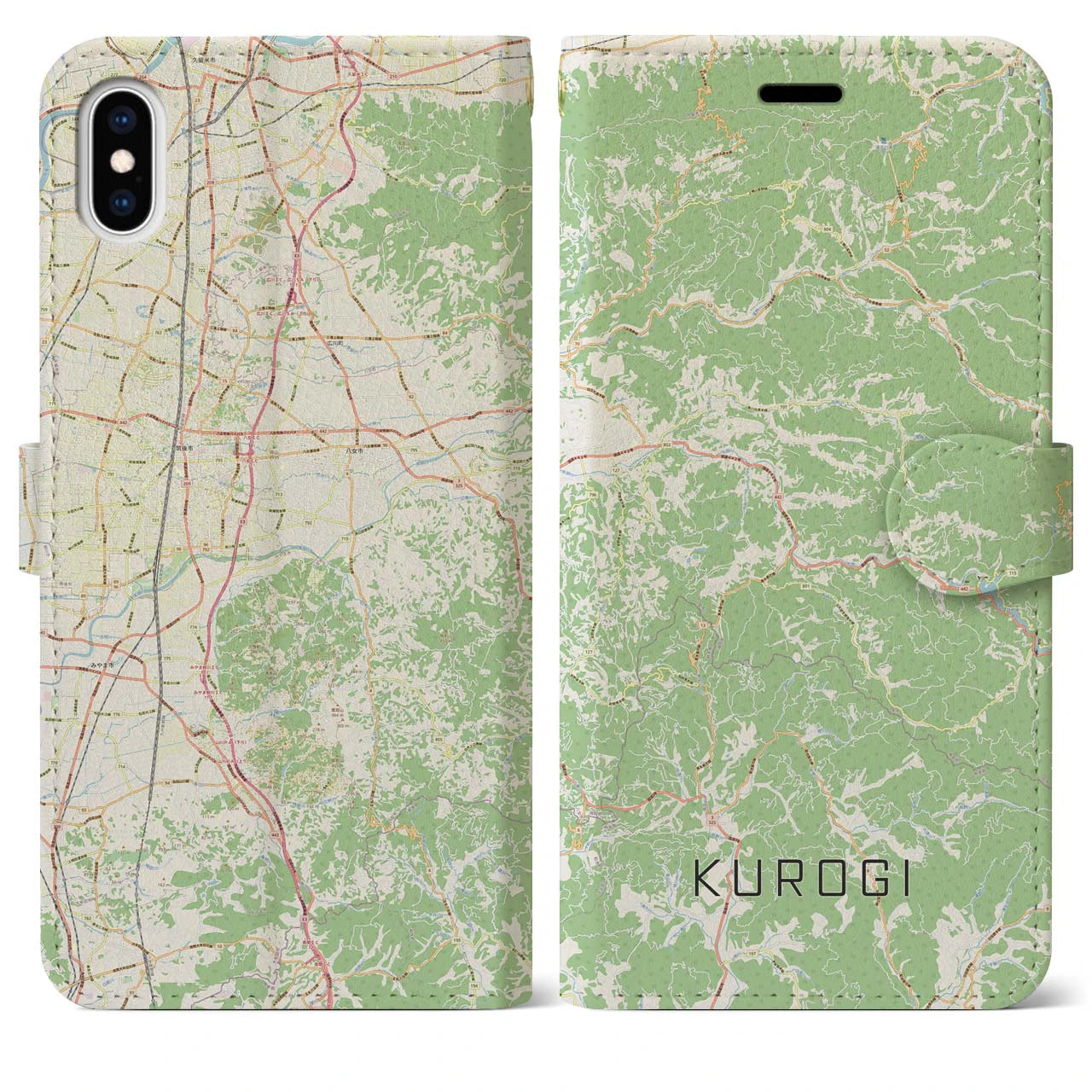 【黒木(福岡県)】地図柄iPhoneケース(手帳タイプ)ナチュラル・iPhone XS Max 用
