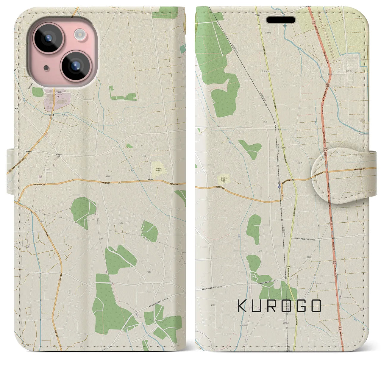 【黒子(茨城県)】地図柄iPhoneケース(手帳タイプ)ナチュラル・iPhone 15 Plus 用