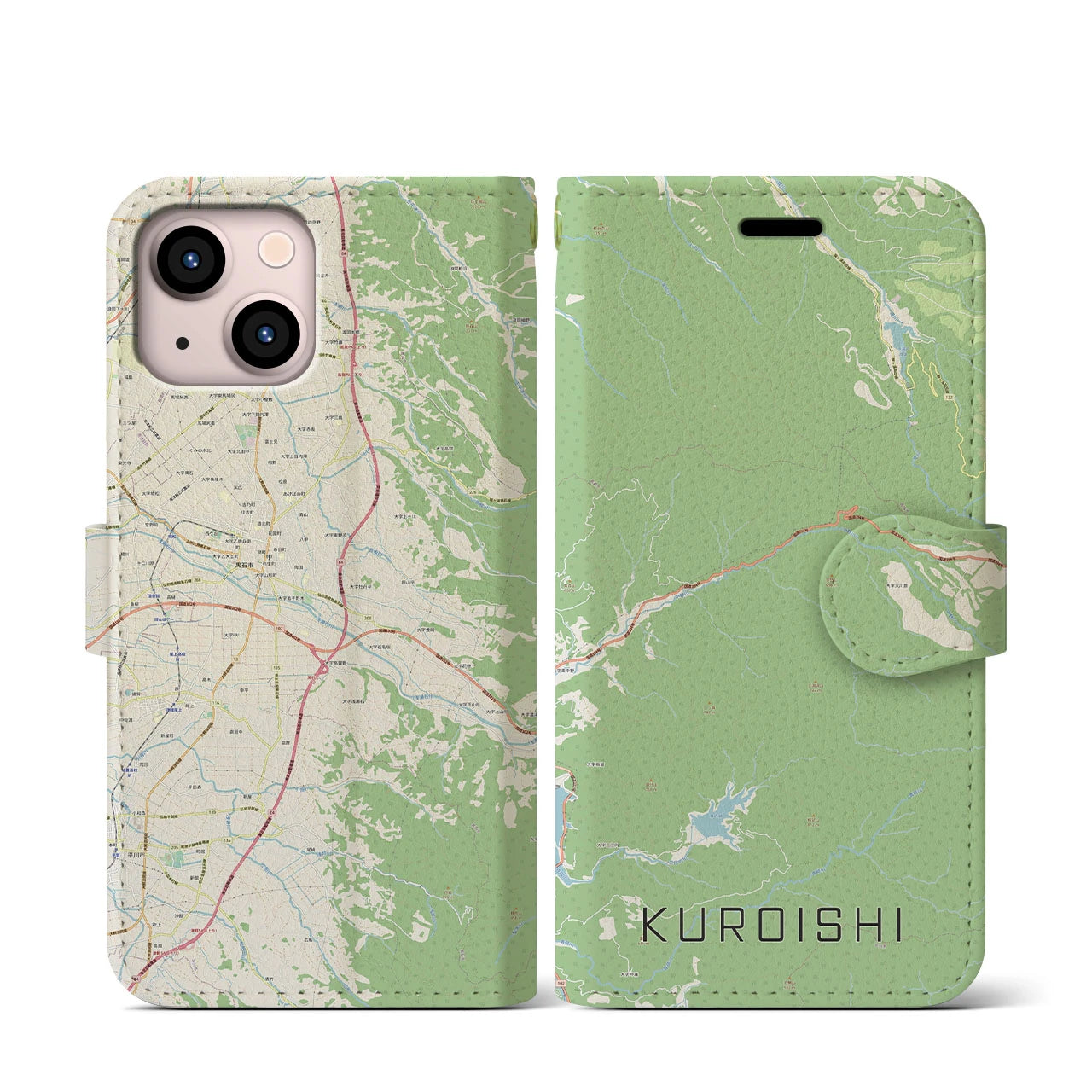【黒石(青森県)】地図柄iPhoneケース(手帳タイプ)ナチュラル・iPhone 13 mini 用