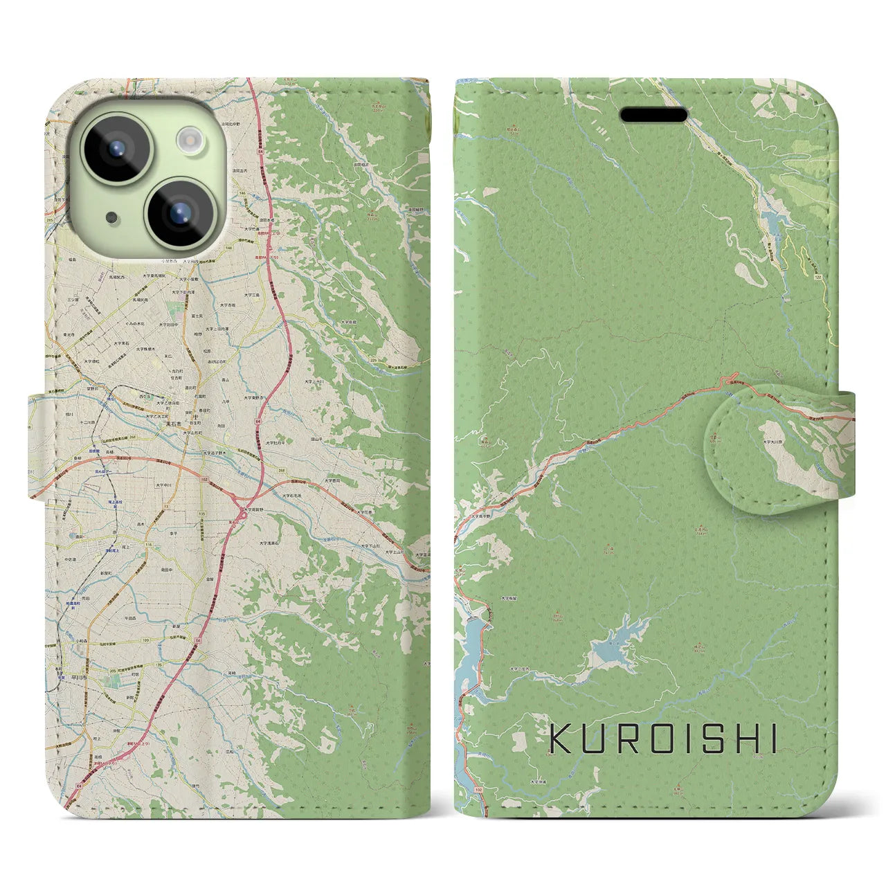 【黒石(青森県)】地図柄iPhoneケース(手帳タイプ)ナチュラル・iPhone 15 用