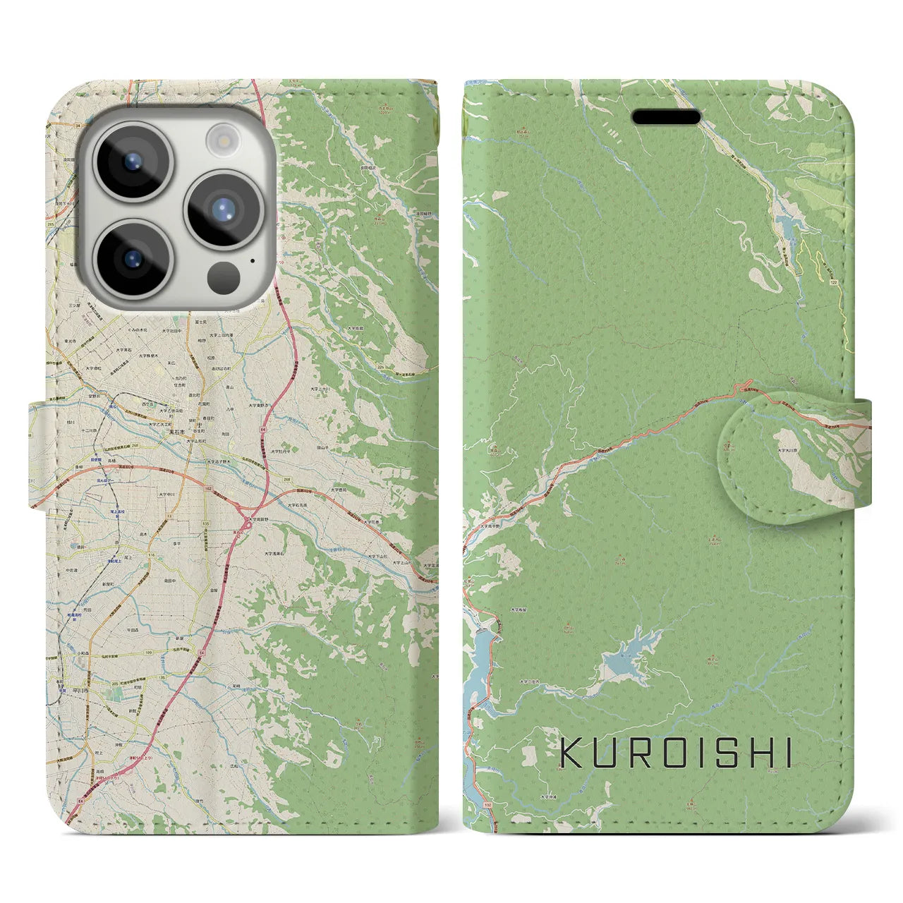 【黒石(青森県)】地図柄iPhoneケース(手帳タイプ)ナチュラル・iPhone 15 Pro 用