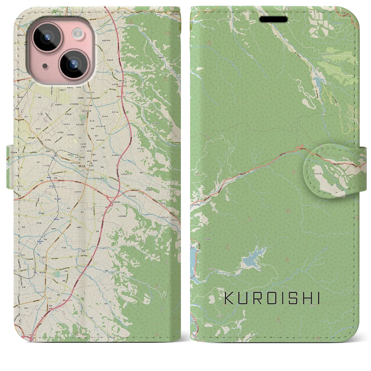 【黒石(青森県)】地図柄iPhoneケース(手帳タイプ)ナチュラル・iPhone 15 Plus 用