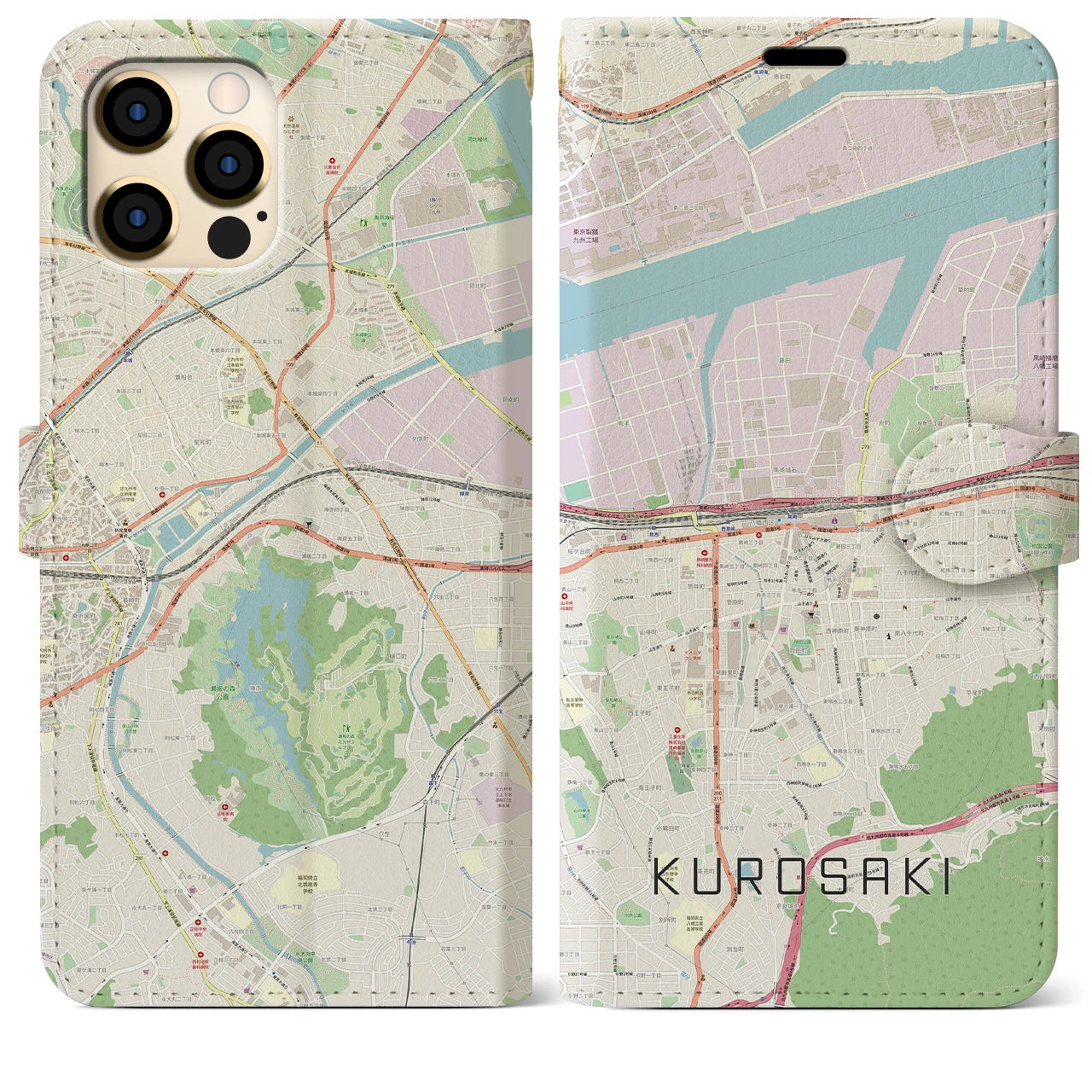【黒崎(福岡県)】地図柄iPhoneケース(手帳タイプ)ナチュラル・iPhone 12 Pro Max 用