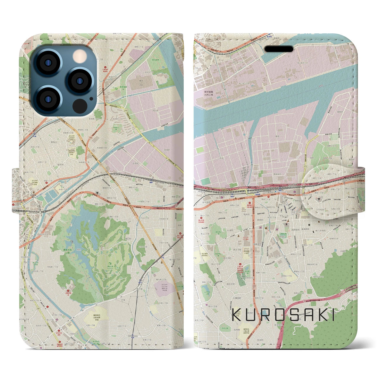 【黒崎(福岡県)】地図柄iPhoneケース(手帳タイプ)ナチュラル・iPhone 12 / 12 Pro 用