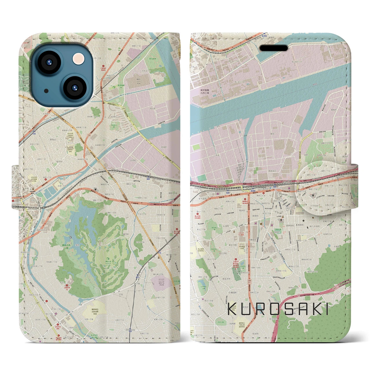 【黒崎(福岡県)】地図柄iPhoneケース(手帳タイプ)ナチュラル・iPhone 13 用