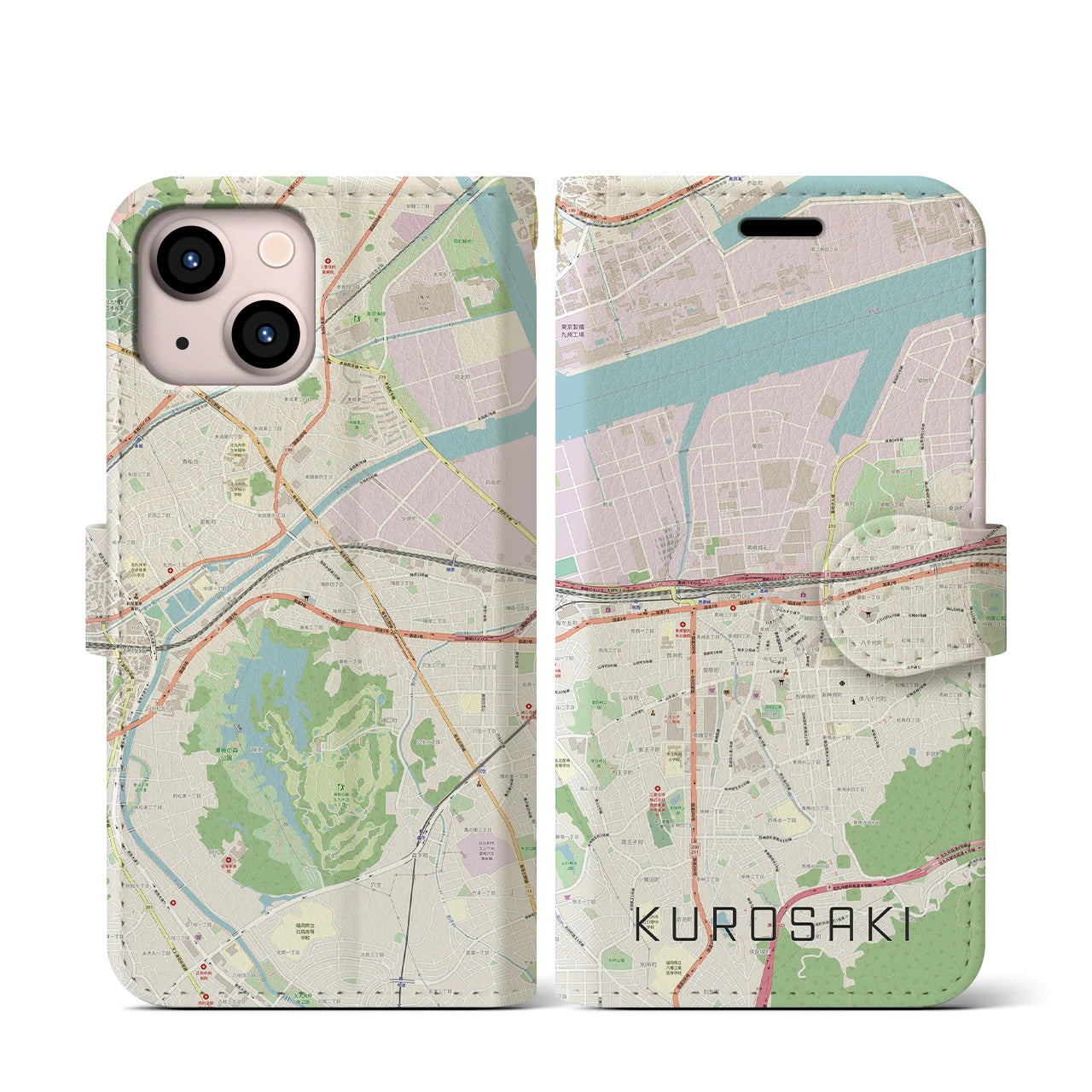 【黒崎(福岡県)】地図柄iPhoneケース(手帳タイプ)ナチュラル・iPhone 13 mini 用
