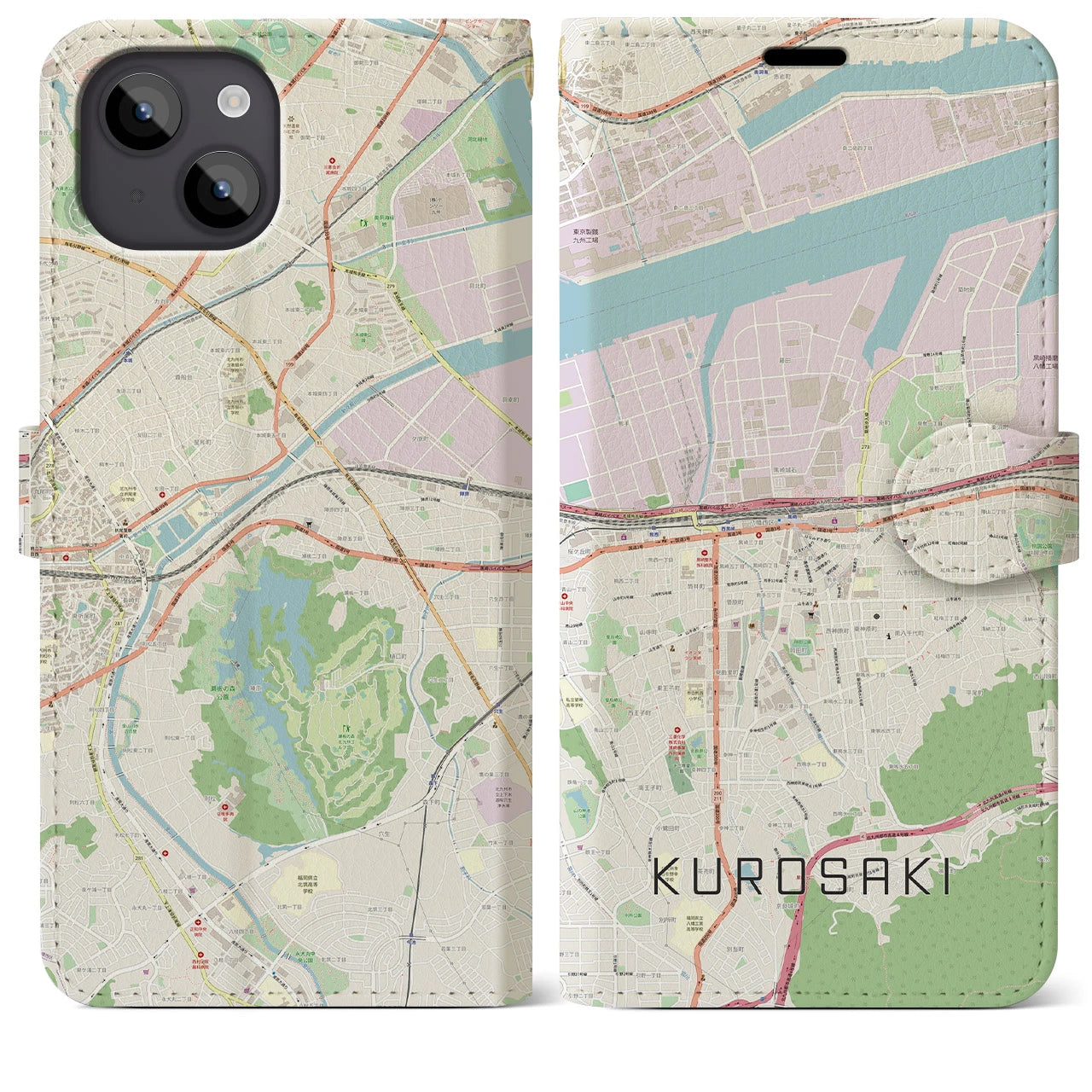 【黒崎(福岡県)】地図柄iPhoneケース(手帳タイプ)ナチュラル・iPhone 14 Plus 用