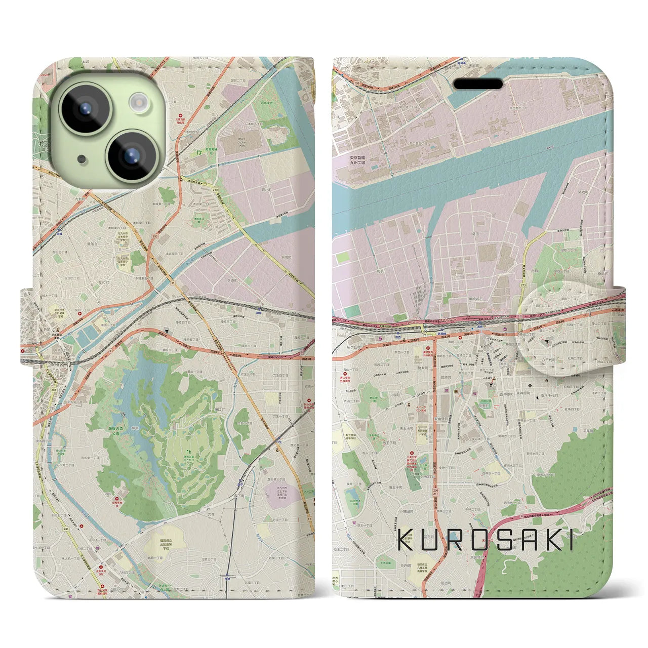 【黒崎(福岡県)】地図柄iPhoneケース(手帳タイプ)ナチュラル・iPhone 15 用