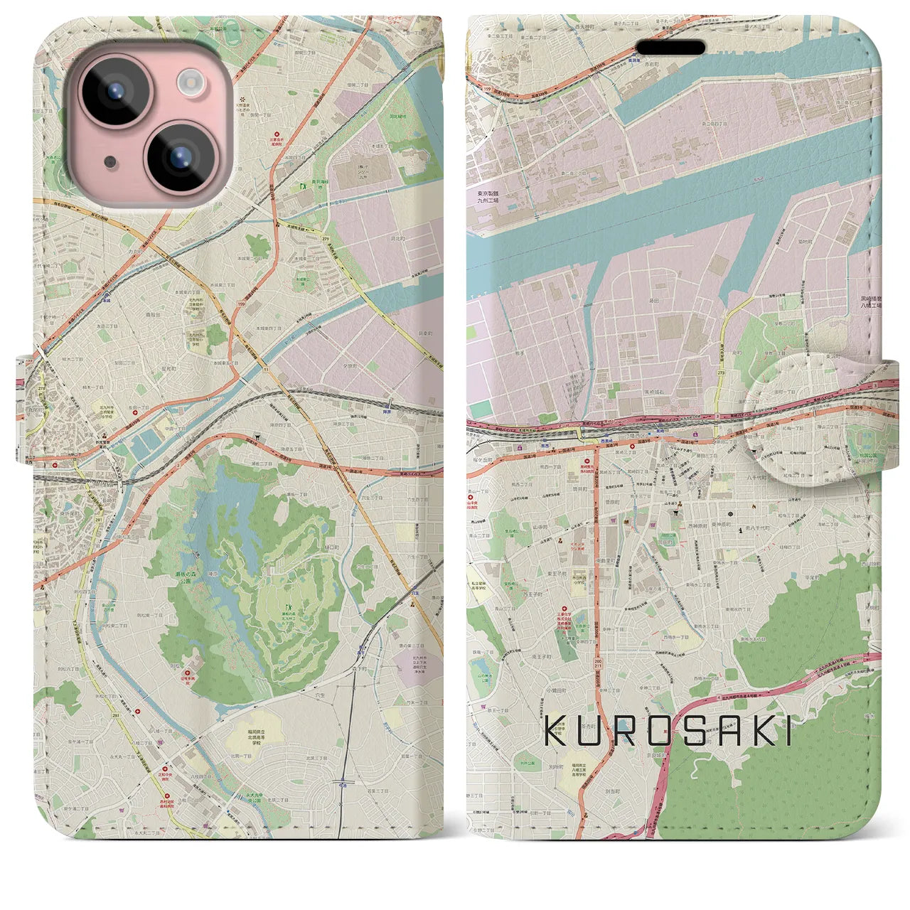 【黒崎(福岡県)】地図柄iPhoneケース(手帳タイプ)ナチュラル・iPhone 15 Plus 用