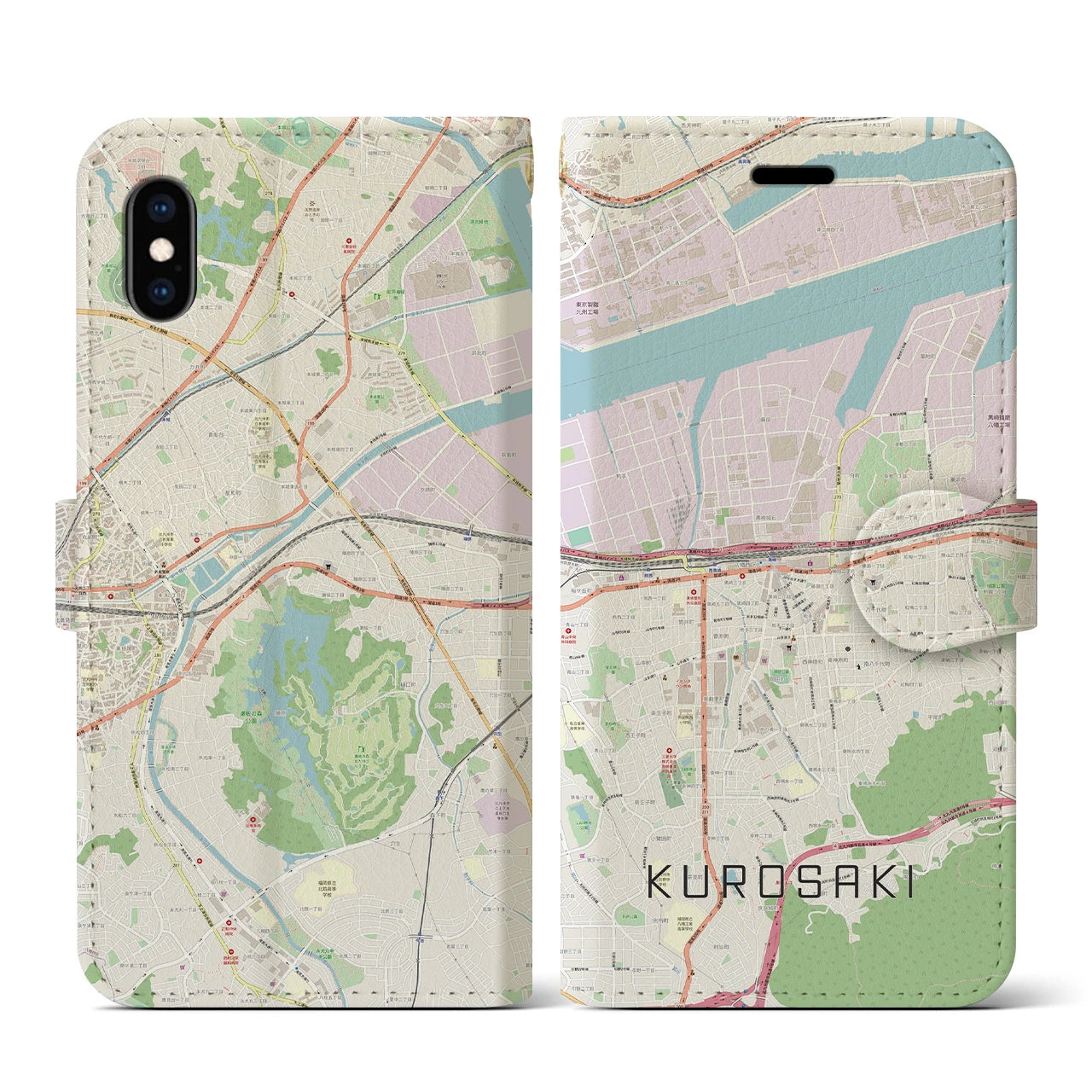 【黒崎(福岡県)】地図柄iPhoneケース(手帳タイプ)ナチュラル・iPhone XS / X 用