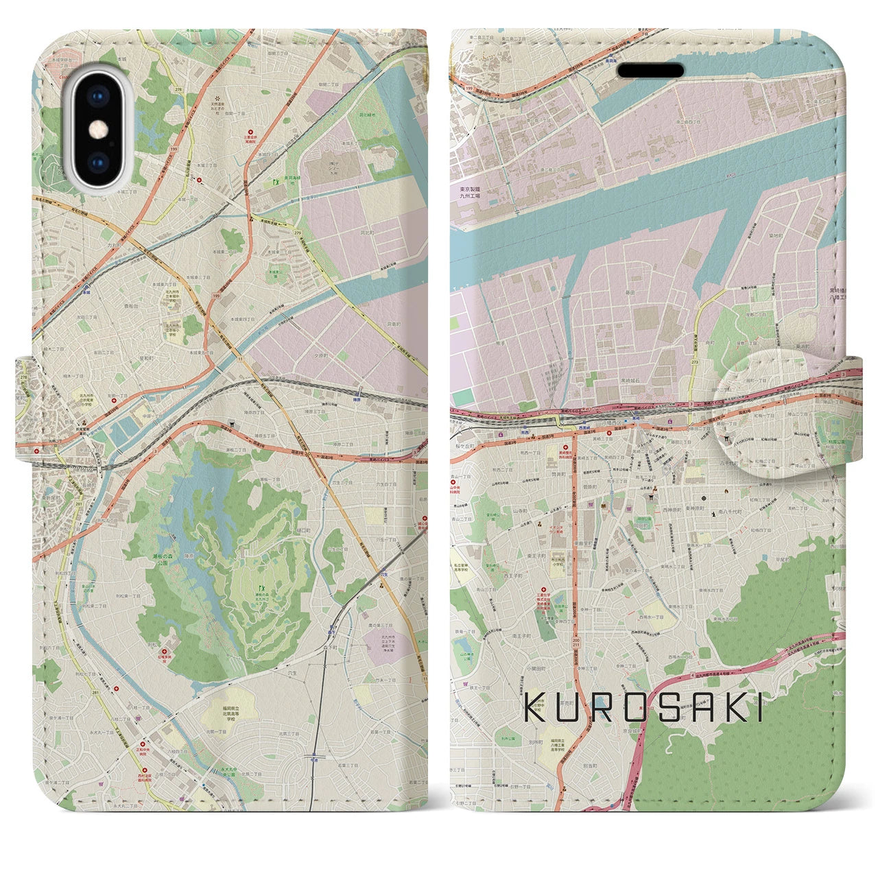 【黒崎(福岡県)】地図柄iPhoneケース(手帳タイプ)ナチュラル・iPhone XS Max 用