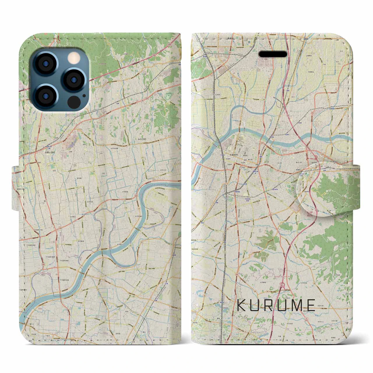【久留米(福岡県)】地図柄iPhoneケース(手帳タイプ)ナチュラル・iPhone 12 / 12 Pro 用