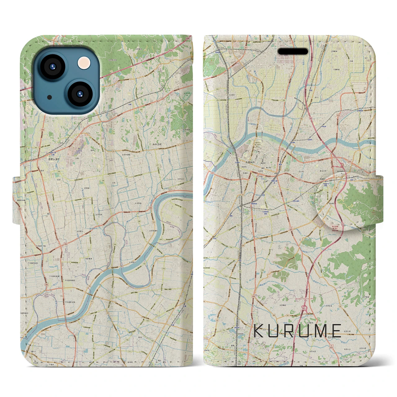 【久留米(福岡県)】地図柄iPhoneケース(手帳タイプ)ナチュラル・iPhone 13 用