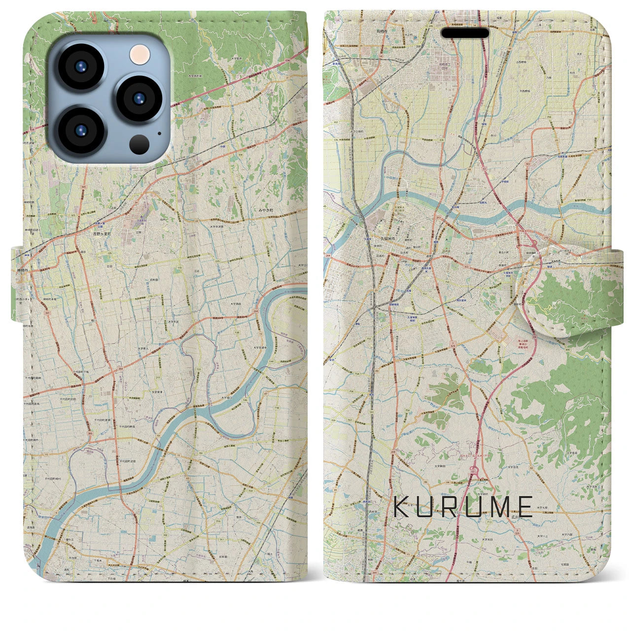 【久留米(福岡県)】地図柄iPhoneケース(手帳タイプ)ナチュラル・iPhone 13 Pro Max 用
