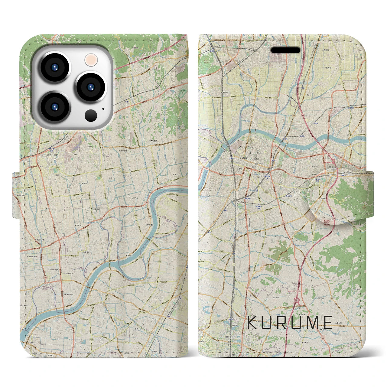 【久留米(福岡県)】地図柄iPhoneケース(手帳タイプ)ナチュラル・iPhone 13 Pro 用