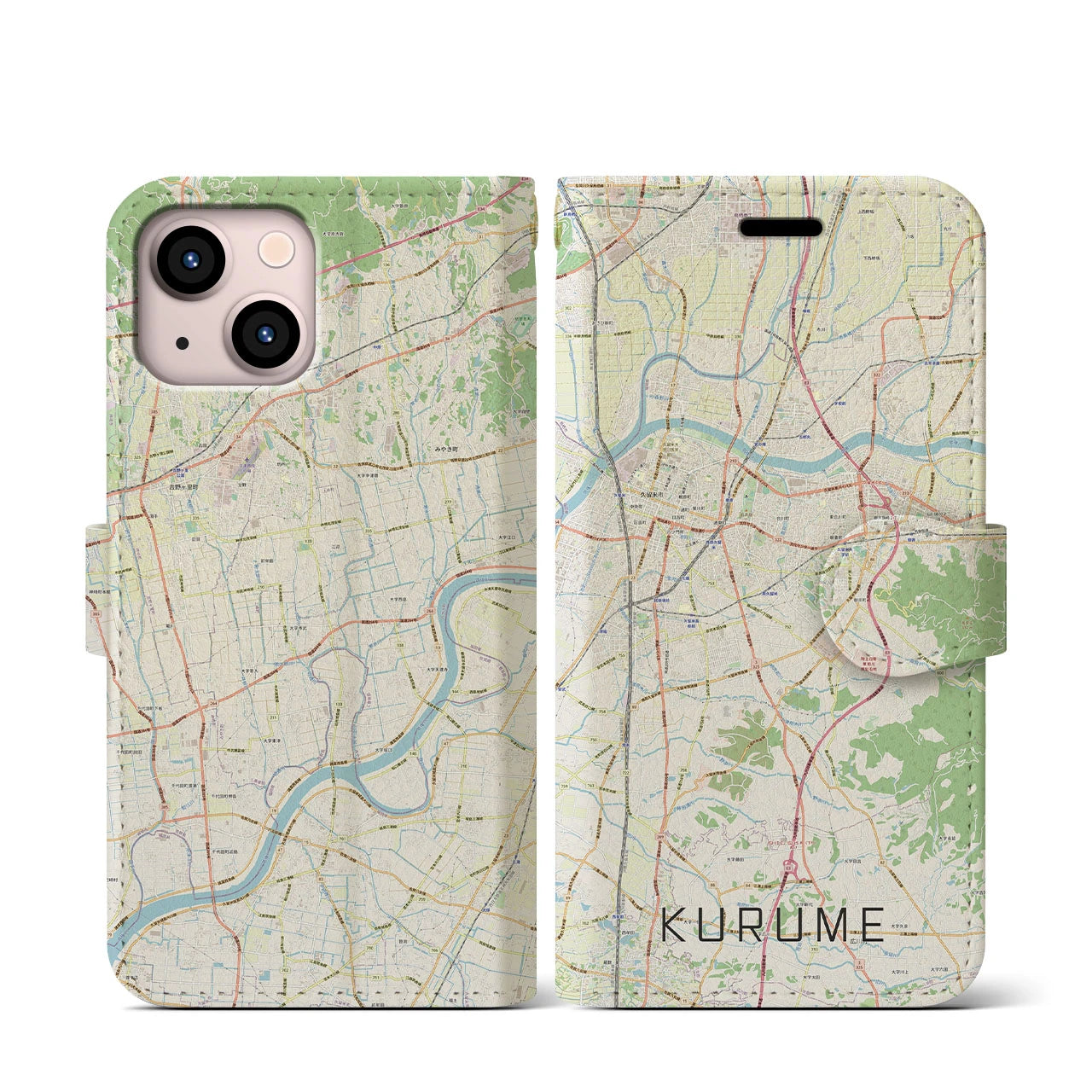 【久留米(福岡県)】地図柄iPhoneケース(手帳タイプ)ナチュラル・iPhone 13 mini 用