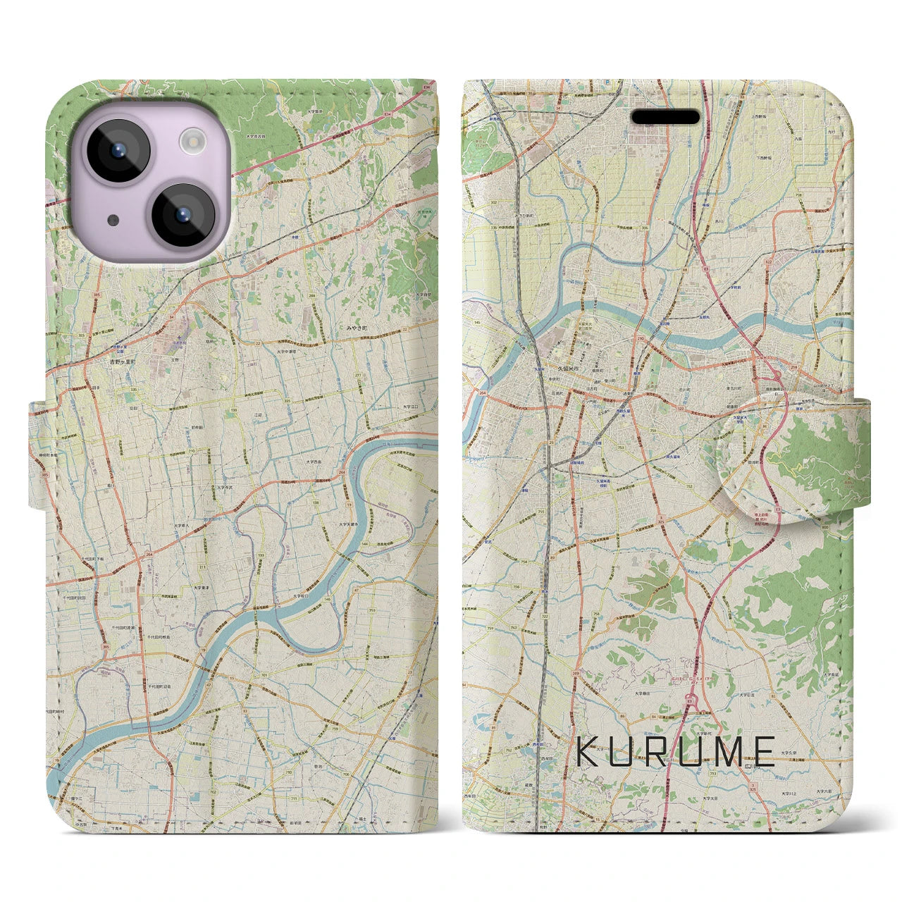 【久留米(福岡県)】地図柄iPhoneケース(手帳タイプ)ナチュラル・iPhone 14 用