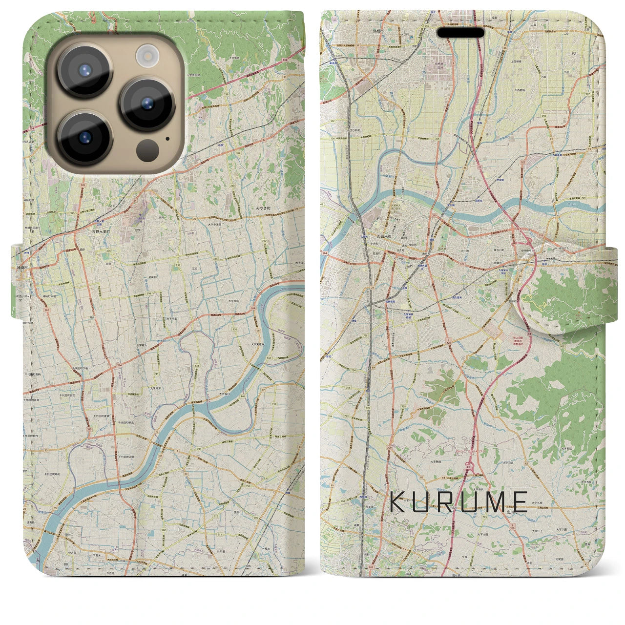 【久留米(福岡県)】地図柄iPhoneケース(手帳タイプ)ナチュラル・iPhone 14 Pro Max 用