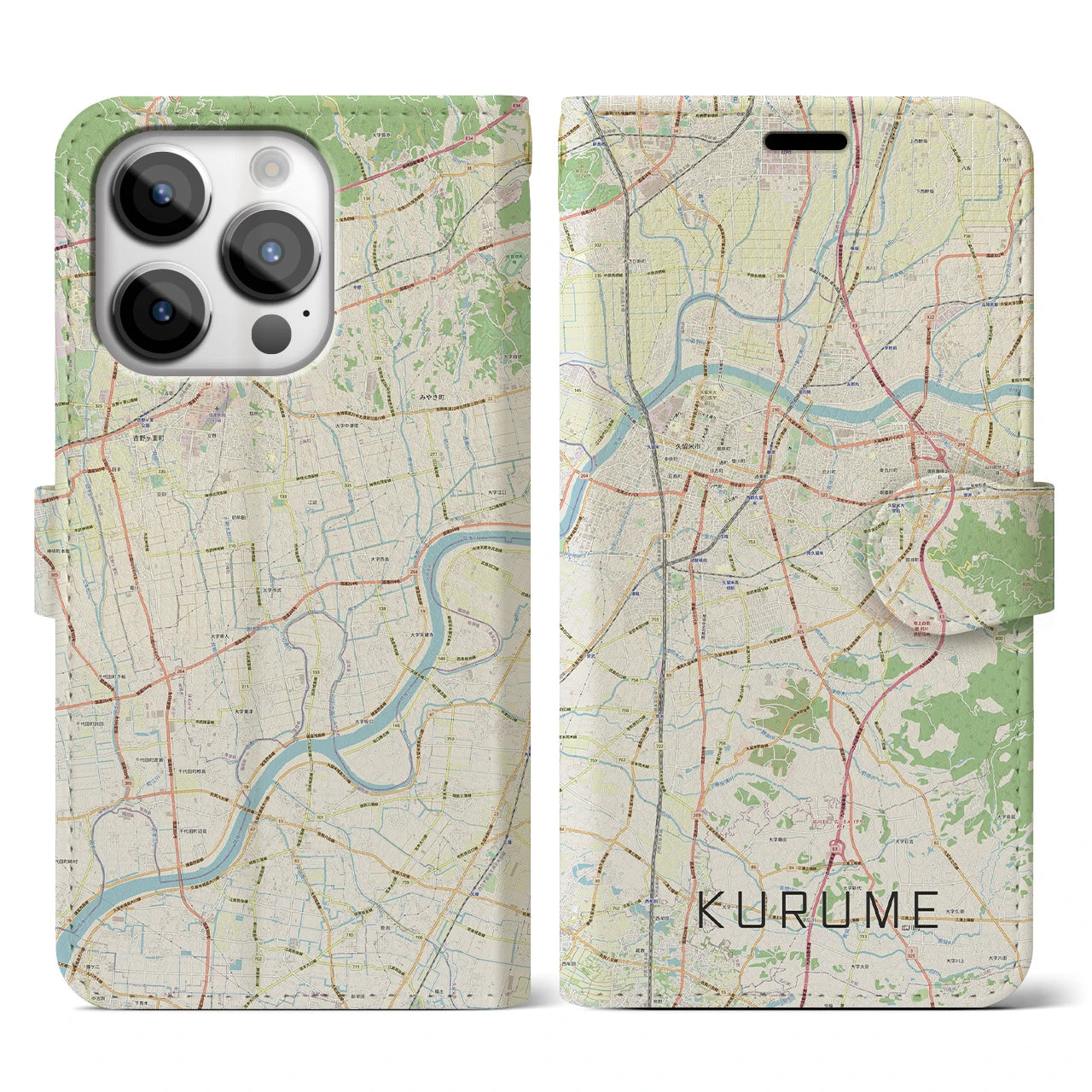 【久留米(福岡県)】地図柄iPhoneケース(手帳タイプ)ナチュラル・iPhone 14 Pro 用