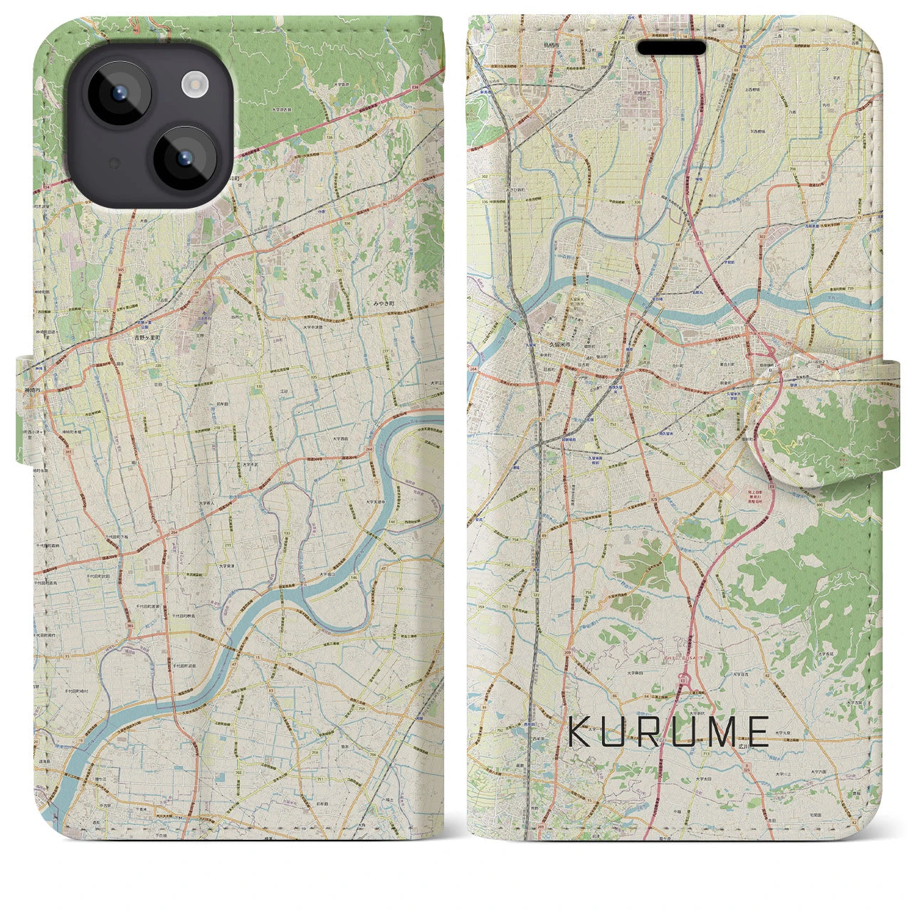 【久留米(福岡県)】地図柄iPhoneケース(手帳タイプ)ナチュラル・iPhone 14 Plus 用