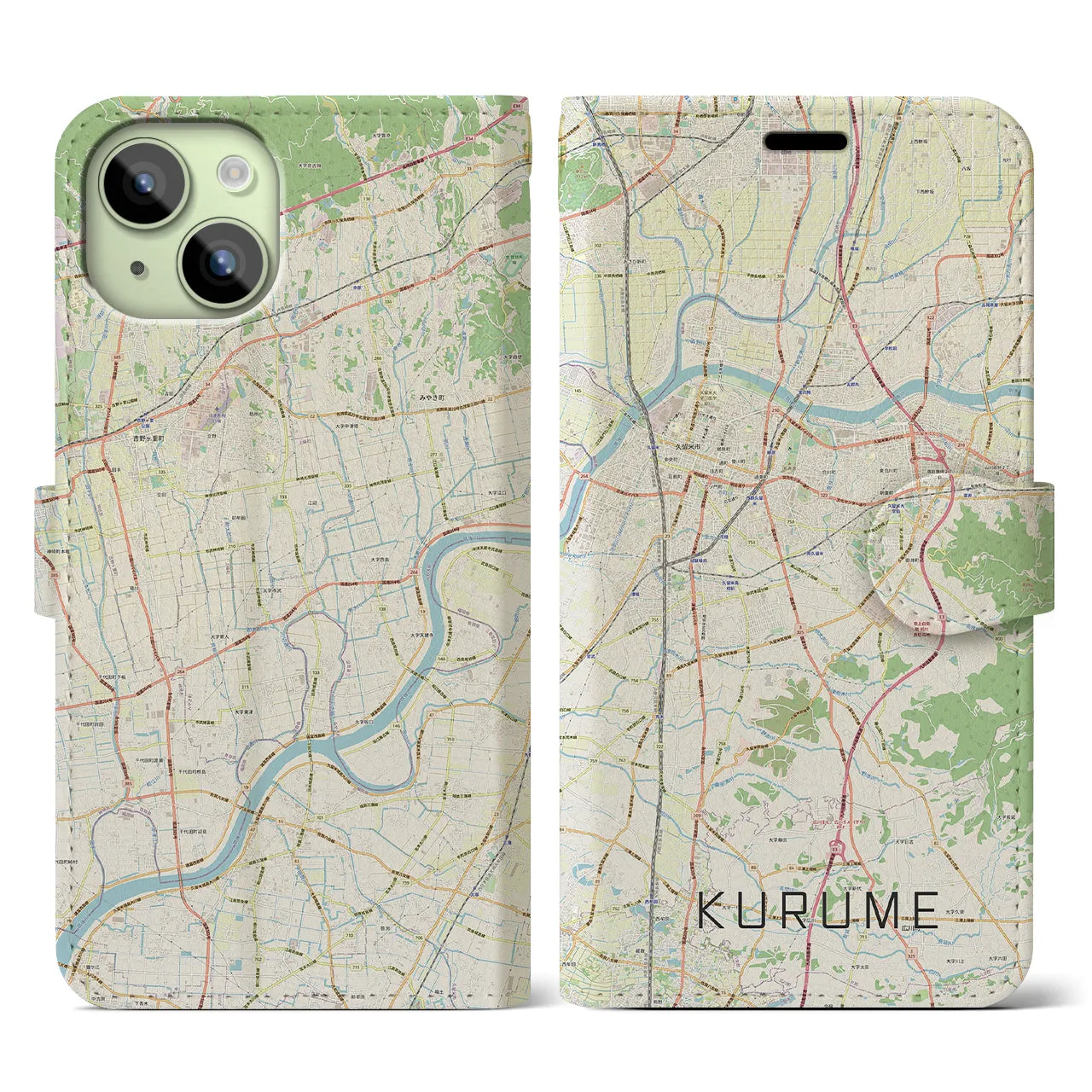 【久留米(福岡県)】地図柄iPhoneケース(手帳タイプ)ナチュラル・iPhone 15 用