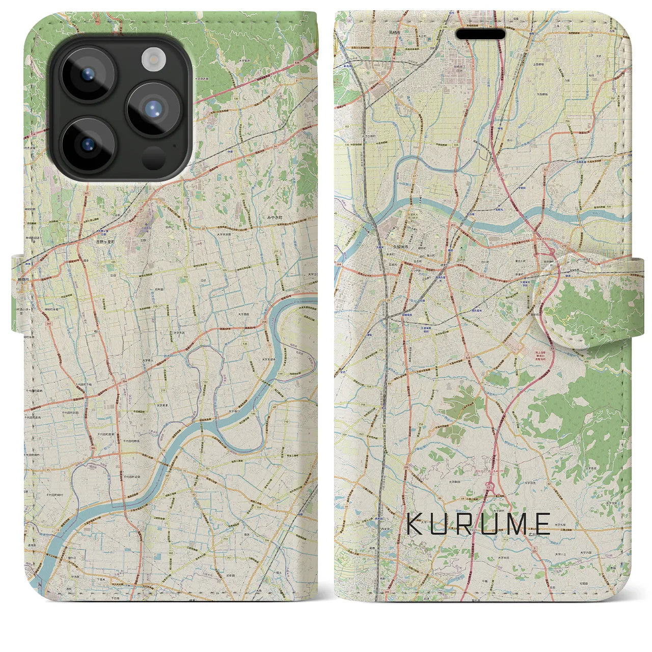 【久留米(福岡県)】地図柄iPhoneケース(手帳タイプ)ナチュラル・iPhone 15 Pro Max 用
