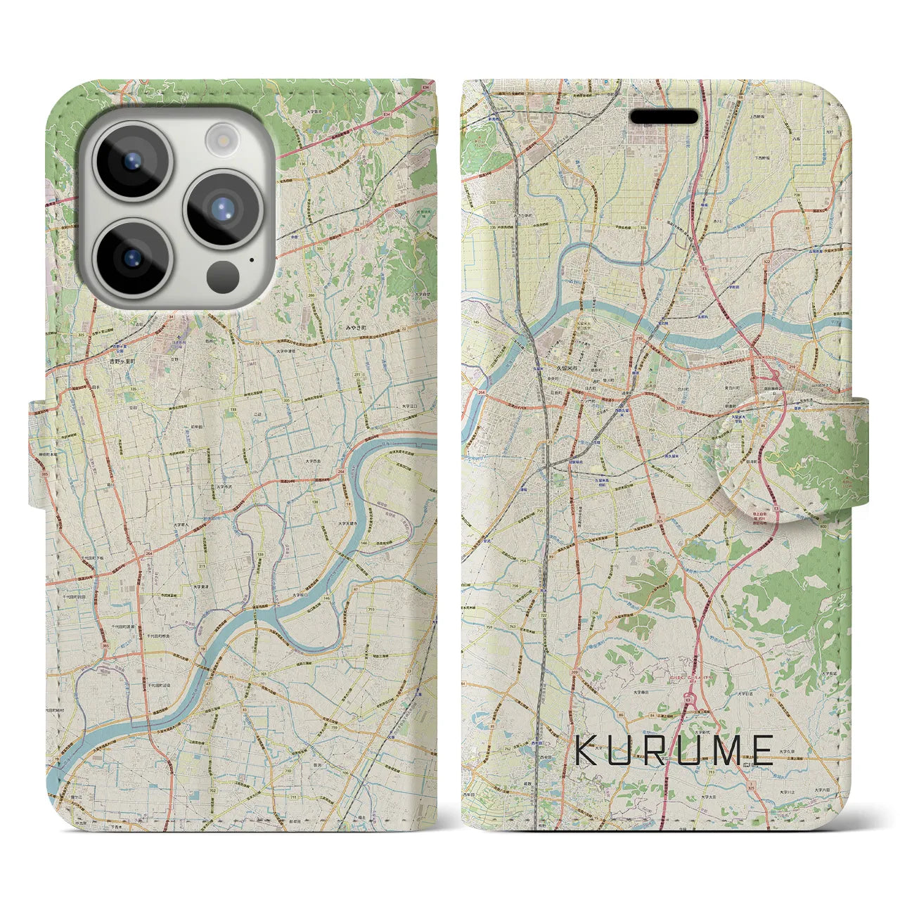 【久留米(福岡県)】地図柄iPhoneケース(手帳タイプ)ナチュラル・iPhone 15 Pro 用