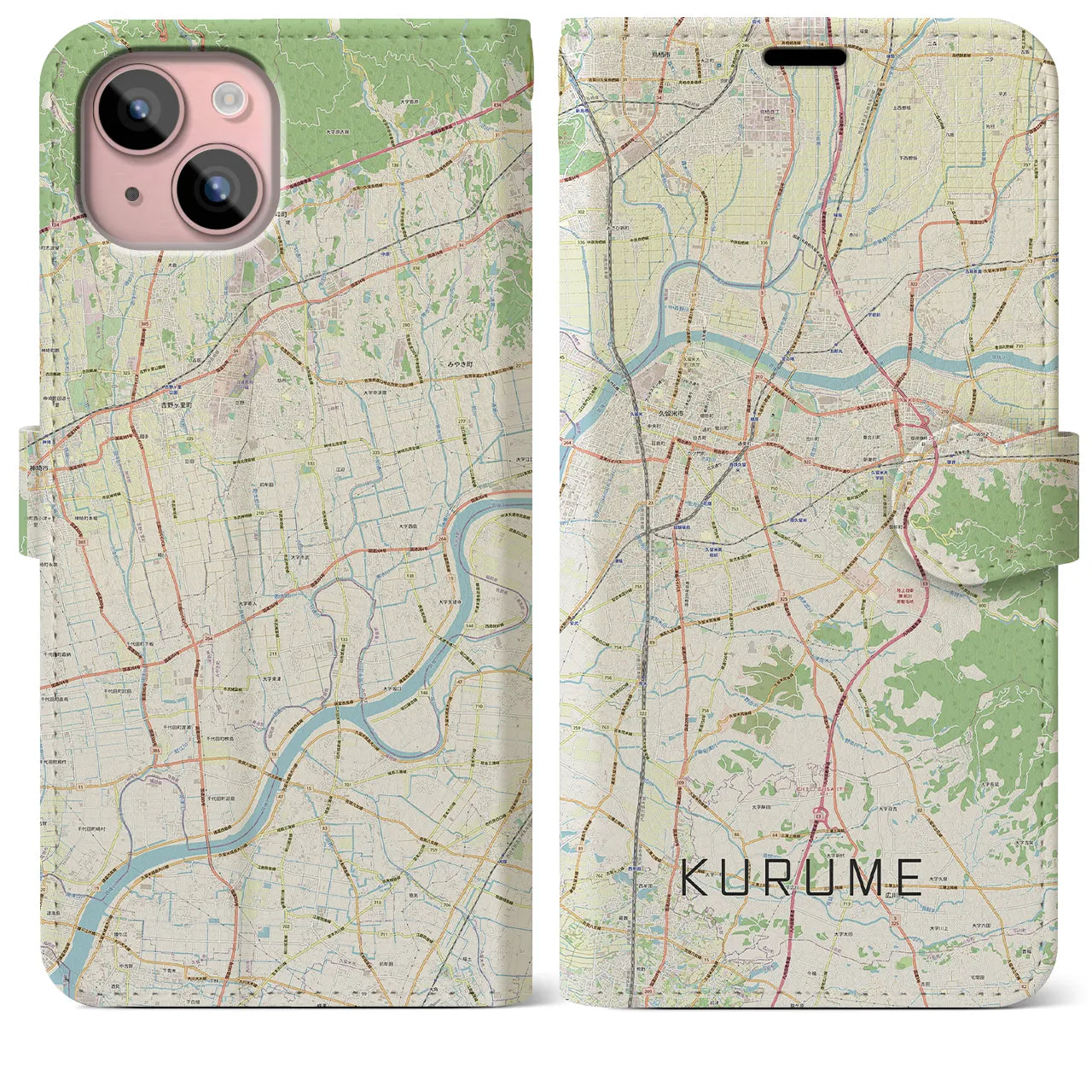 【久留米(福岡県)】地図柄iPhoneケース(手帳タイプ)ナチュラル・iPhone 15 Plus 用
