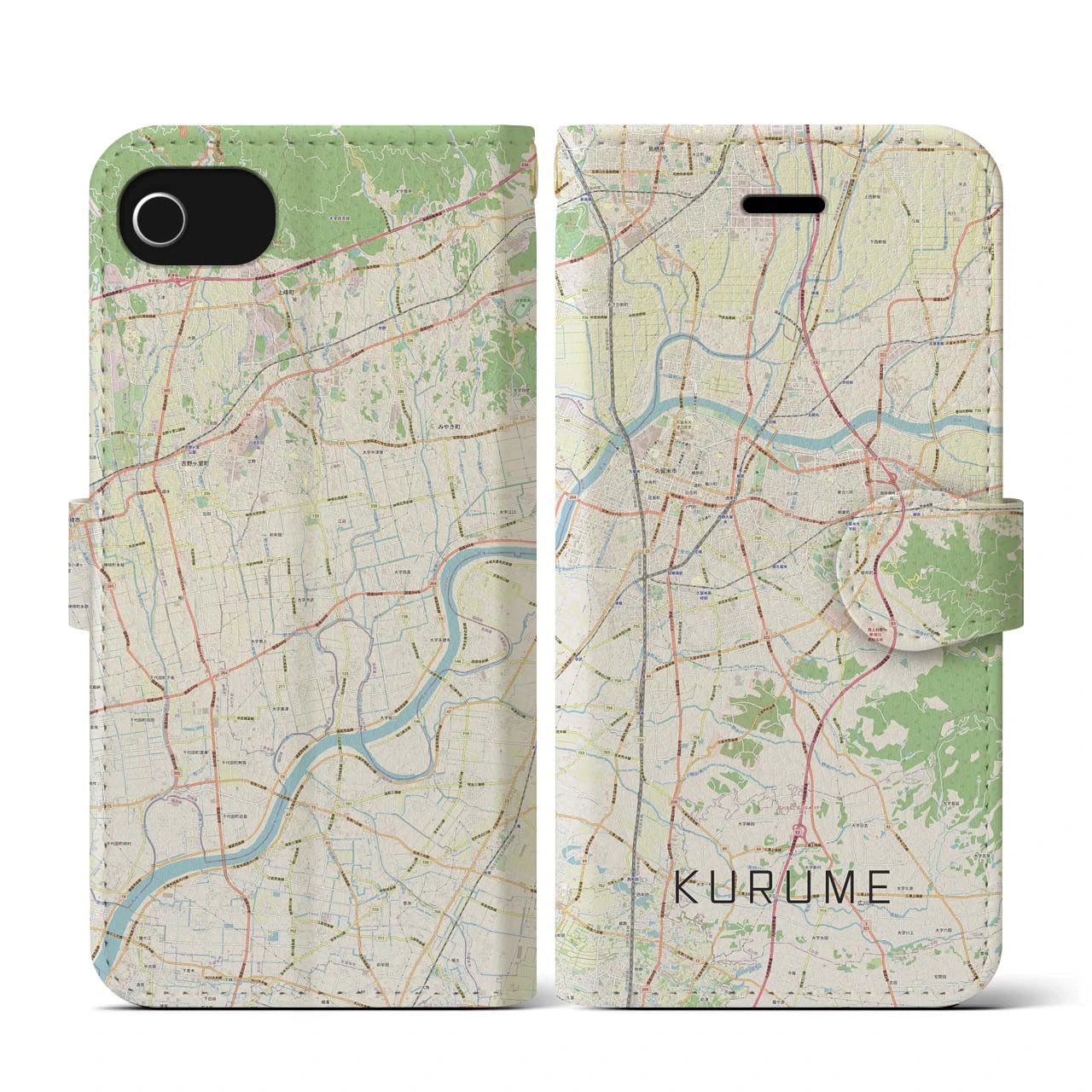 【久留米(福岡県)】地図柄iPhoneケース(手帳タイプ)ナチュラル・iPhone SE(第3 / 第2世代) / 8 / 7 / 6s / 6 用