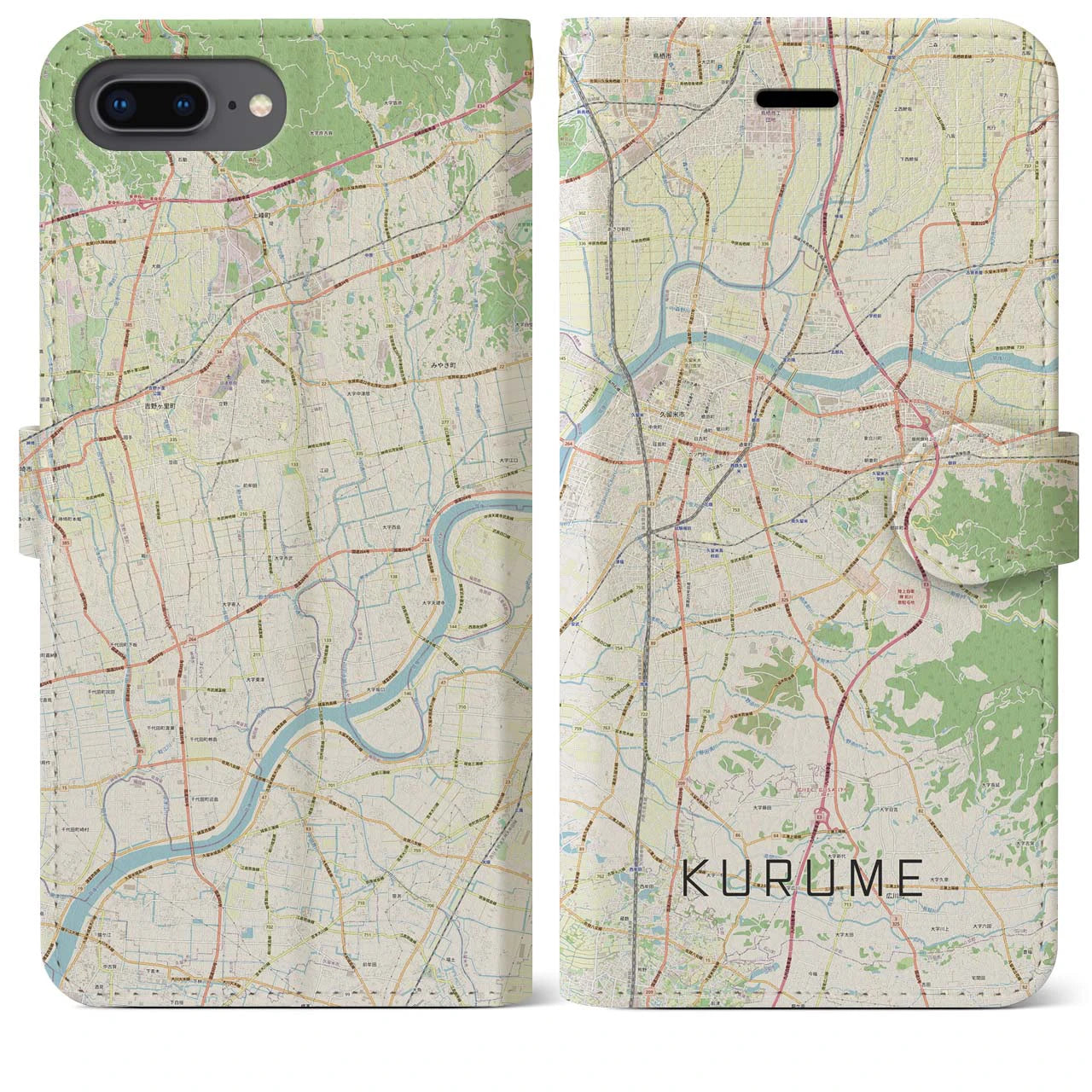 【久留米(福岡県)】地図柄iPhoneケース(手帳タイプ)ナチュラル・iPhone 8Plus /7Plus / 6sPlus / 6Plus 用