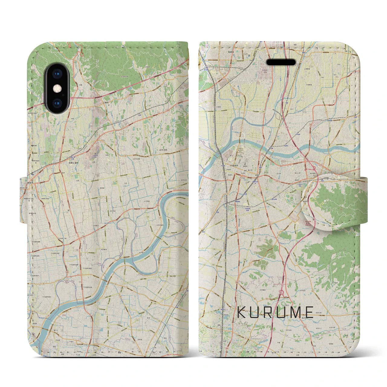 【久留米(福岡県)】地図柄iPhoneケース(手帳タイプ)ナチュラル・iPhone XS / X 用