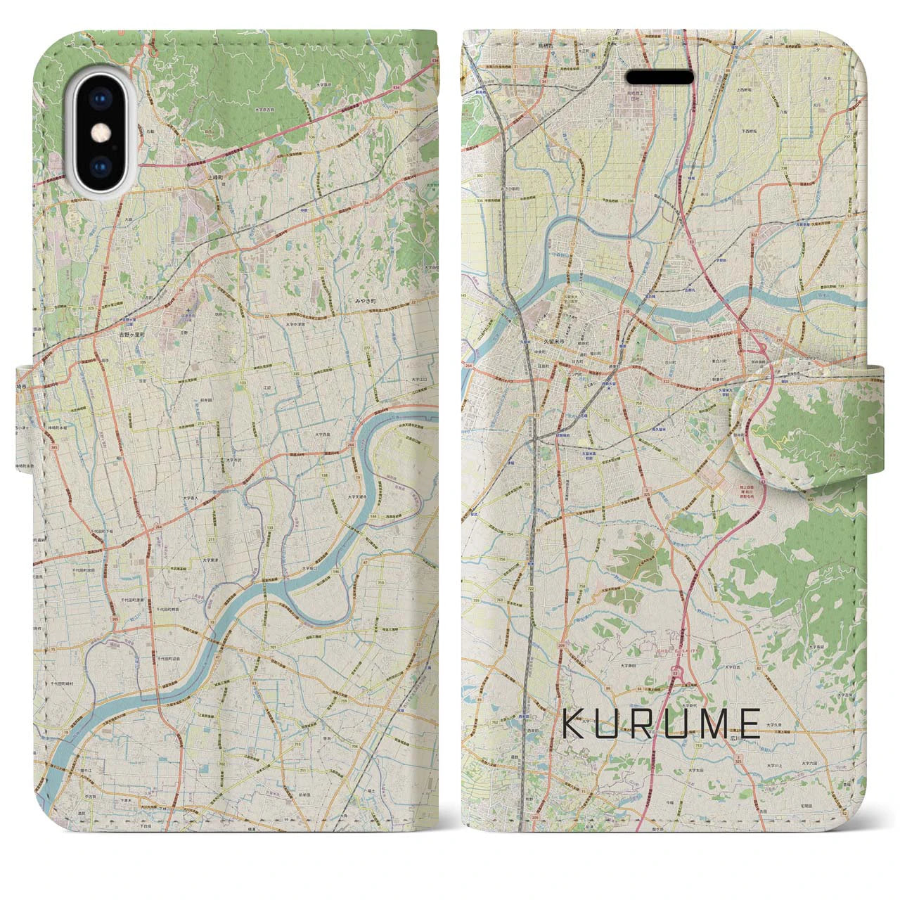【久留米(福岡県)】地図柄iPhoneケース(手帳タイプ)ナチュラル・iPhone XS Max 用