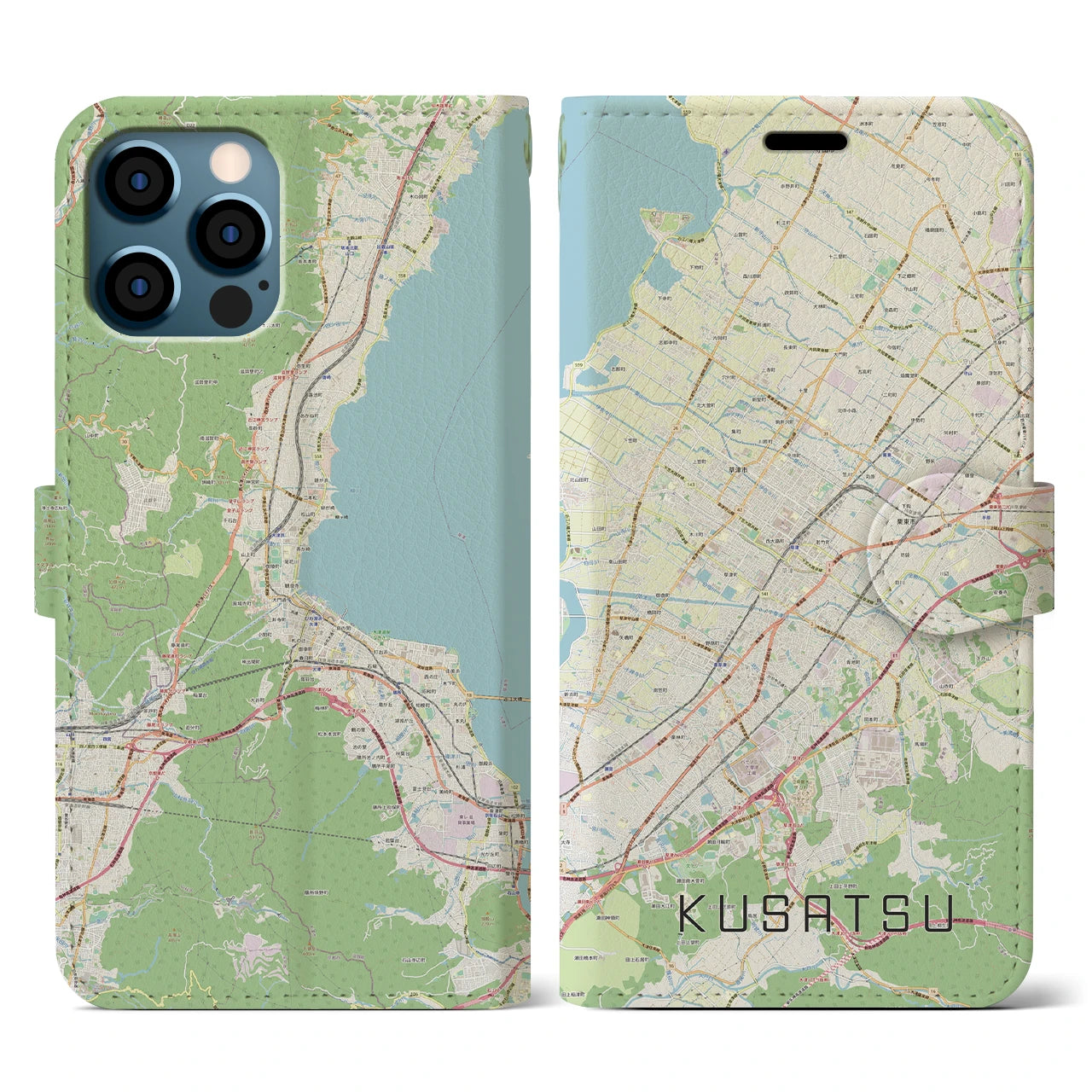 【草津(滋賀県)】地図柄iPhoneケース(手帳タイプ)ナチュラル・iPhone 12 / 12 Pro 用