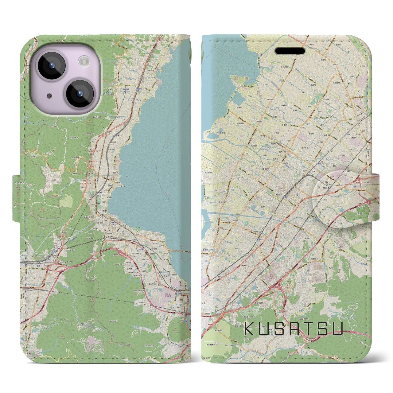 【草津(滋賀県)】地図柄iPhoneケース(手帳タイプ)ナチュラル・iPhone 14 用