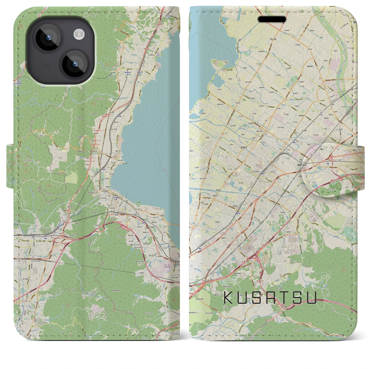 【草津(滋賀県)】地図柄iPhoneケース(手帳タイプ)ナチュラル・iPhone 14 Plus 用