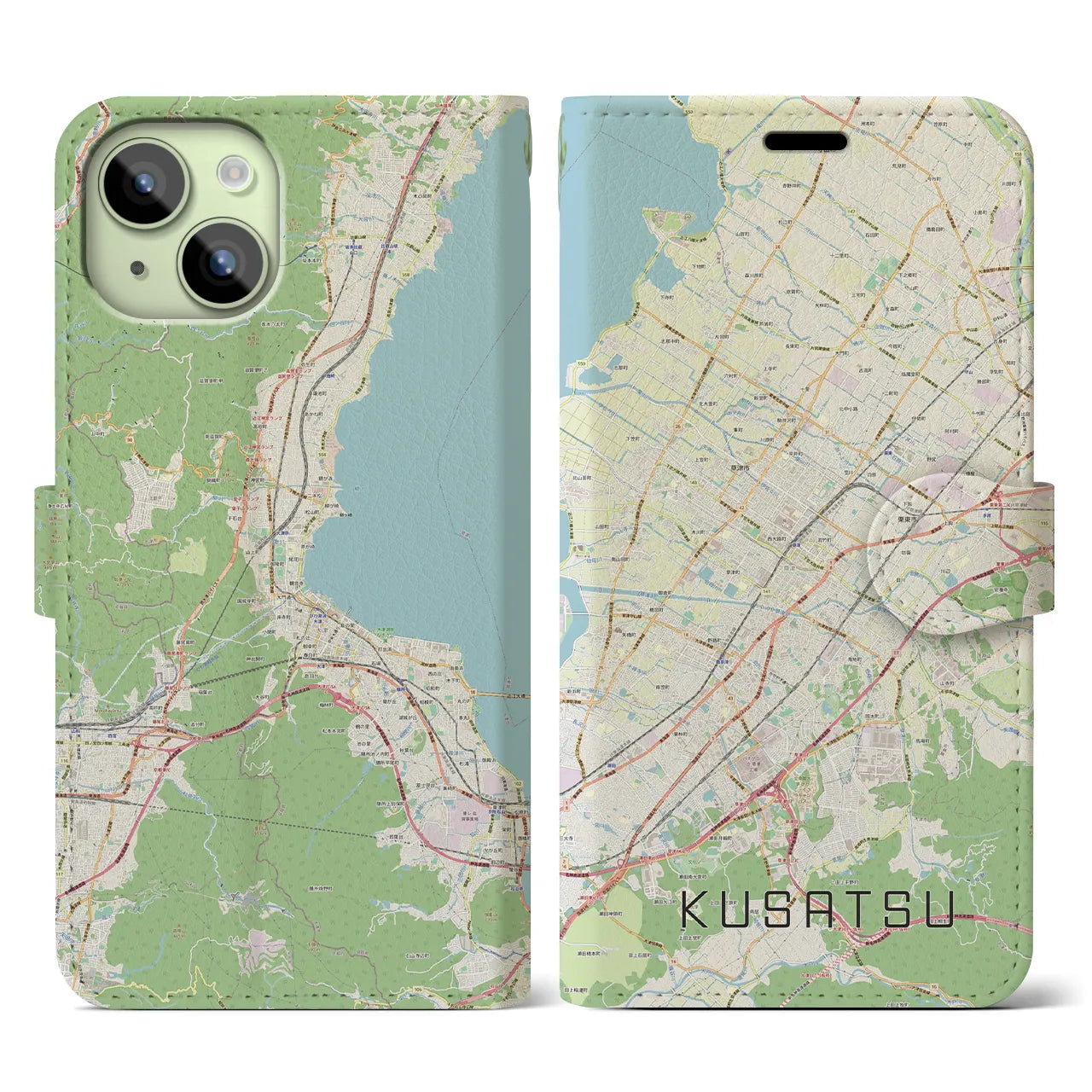 【草津(滋賀県)】地図柄iPhoneケース(手帳タイプ)ナチュラル・iPhone 15 用