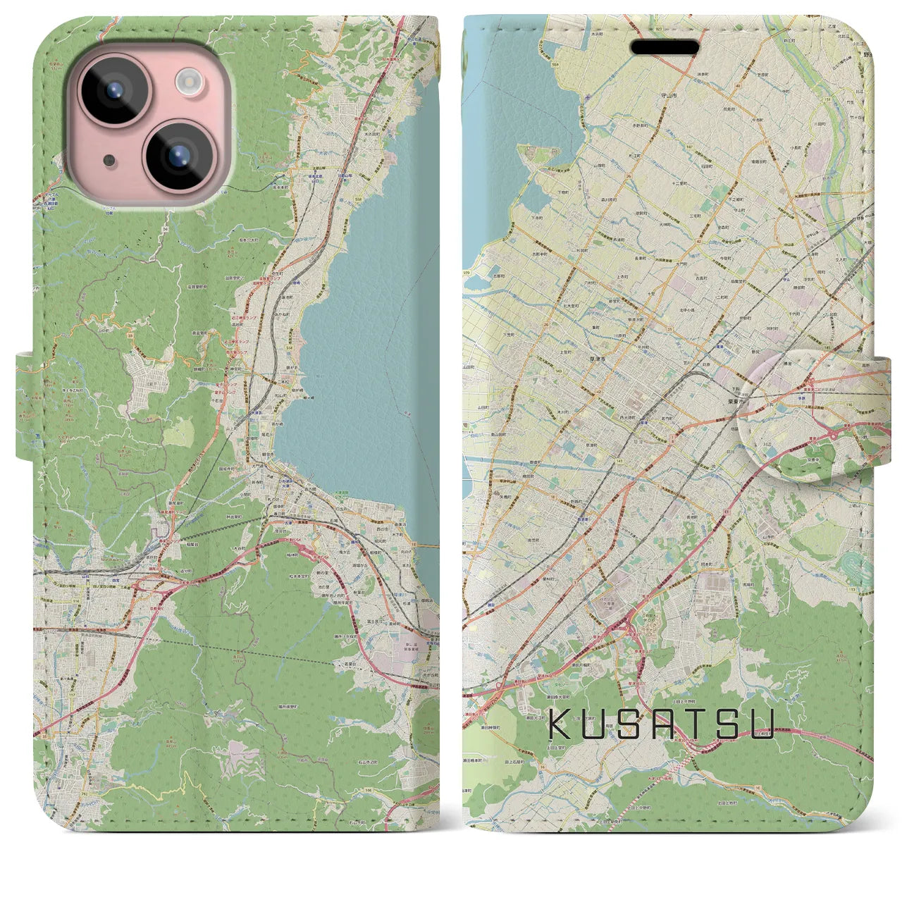 【草津(滋賀県)】地図柄iPhoneケース(手帳タイプ)ナチュラル・iPhone 15 Plus 用