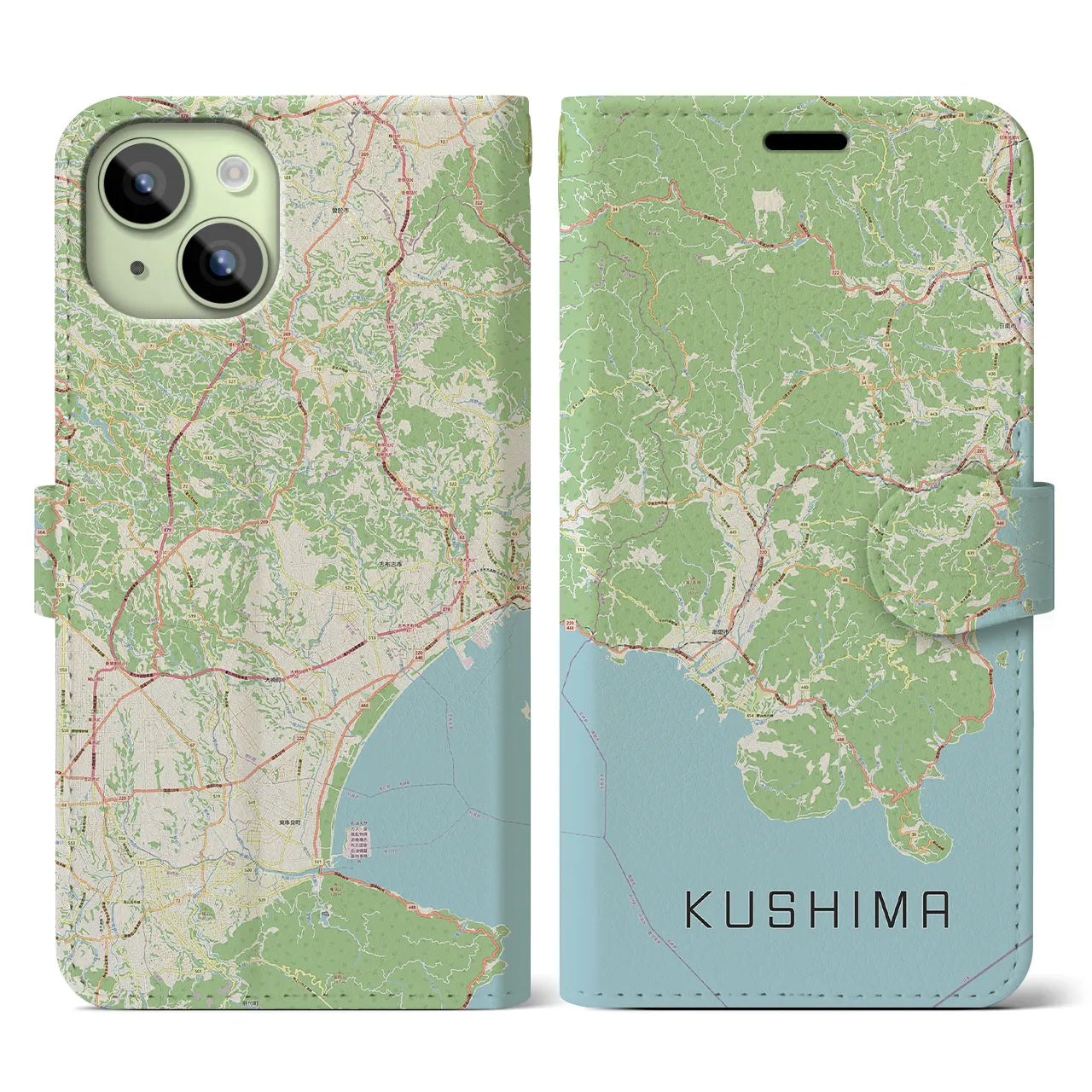 【串間(宮崎県)】地図柄iPhoneケース(手帳タイプ)ナチュラル・iPhone 15 用