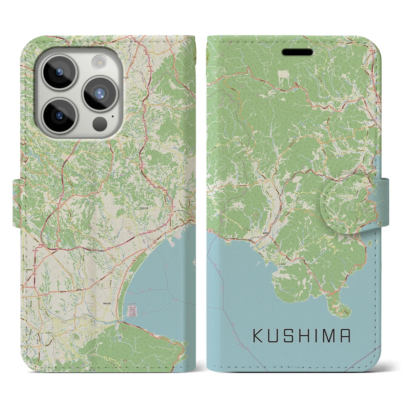 【串間(宮崎県)】地図柄iPhoneケース(手帳タイプ)ナチュラル・iPhone 15 Pro 用